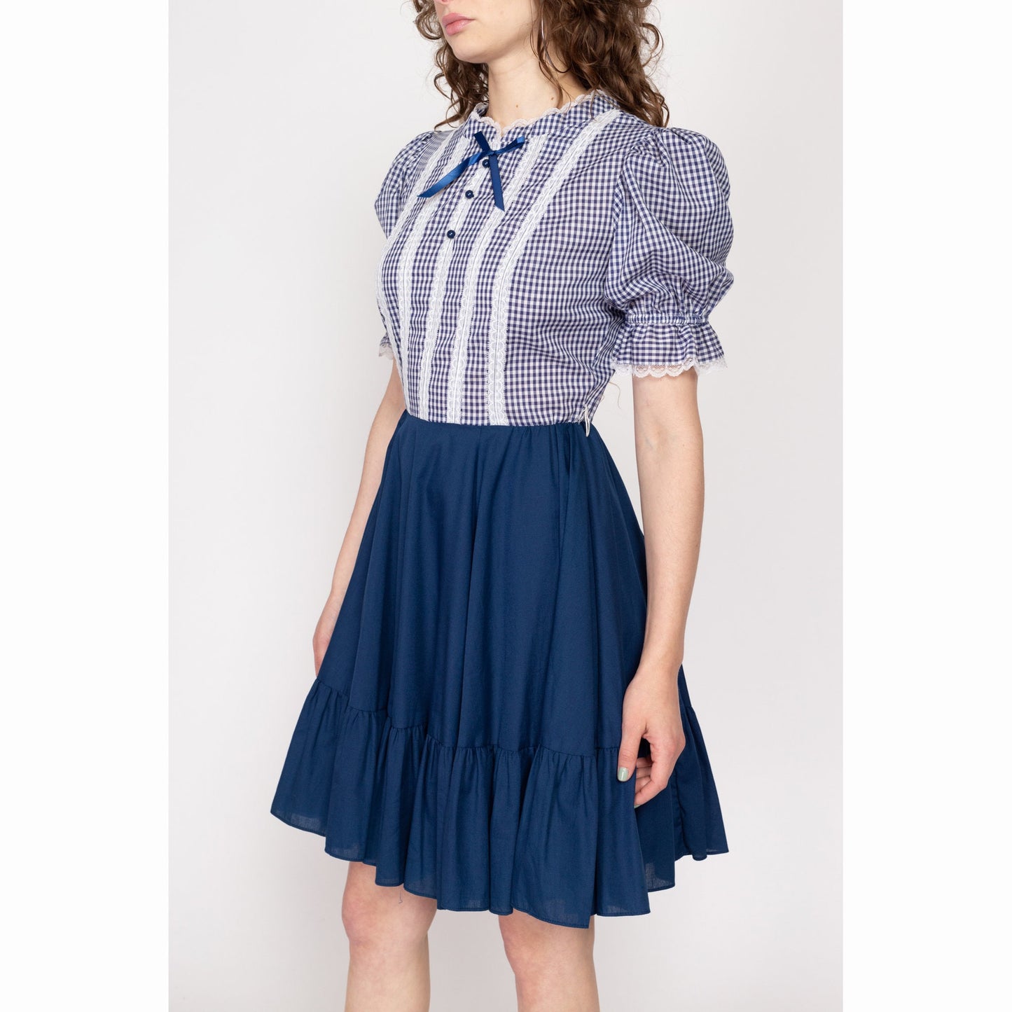 Small 70s Blue Gingham Puff Sleeve Mini Dress | Vintage Boho Fit & Flare Prairie Square Dance Dress