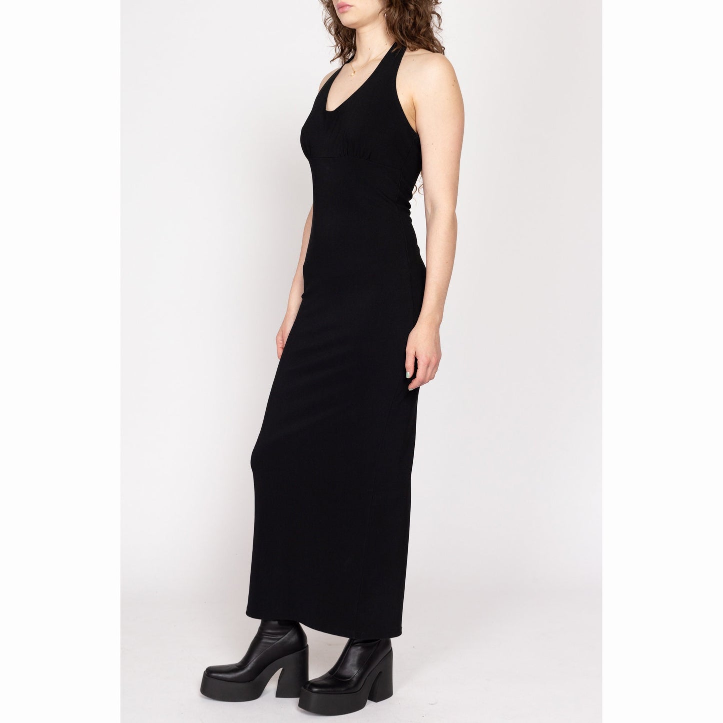 Medium 70s Black Halter Maxi Dress | Vintage Boho Backless Slinky Fitted Sundress
