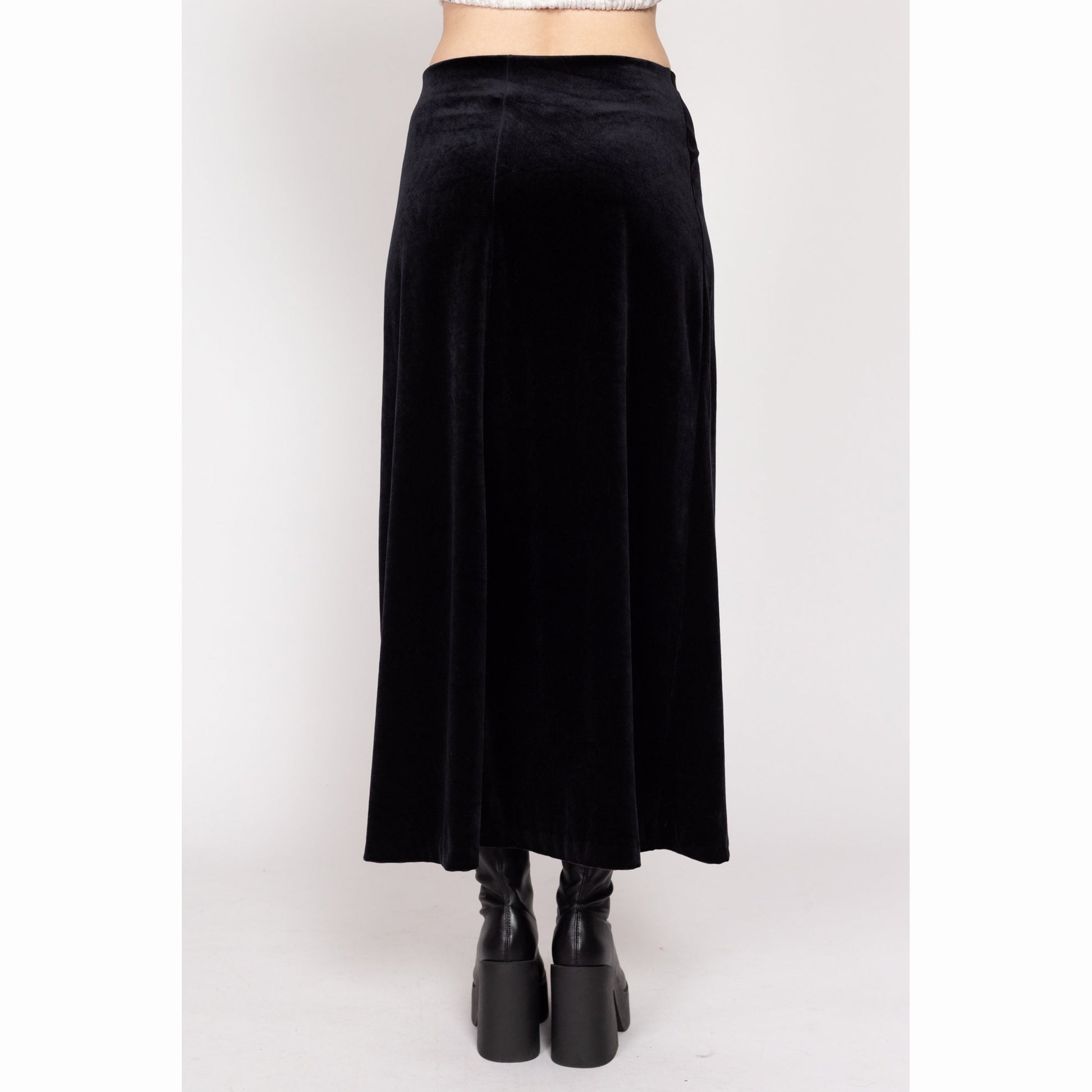Medium 90s Minimalist Black Velvet Maxi Skirt | Vintage High Waisted Gothic Grunge A Line Skirt
