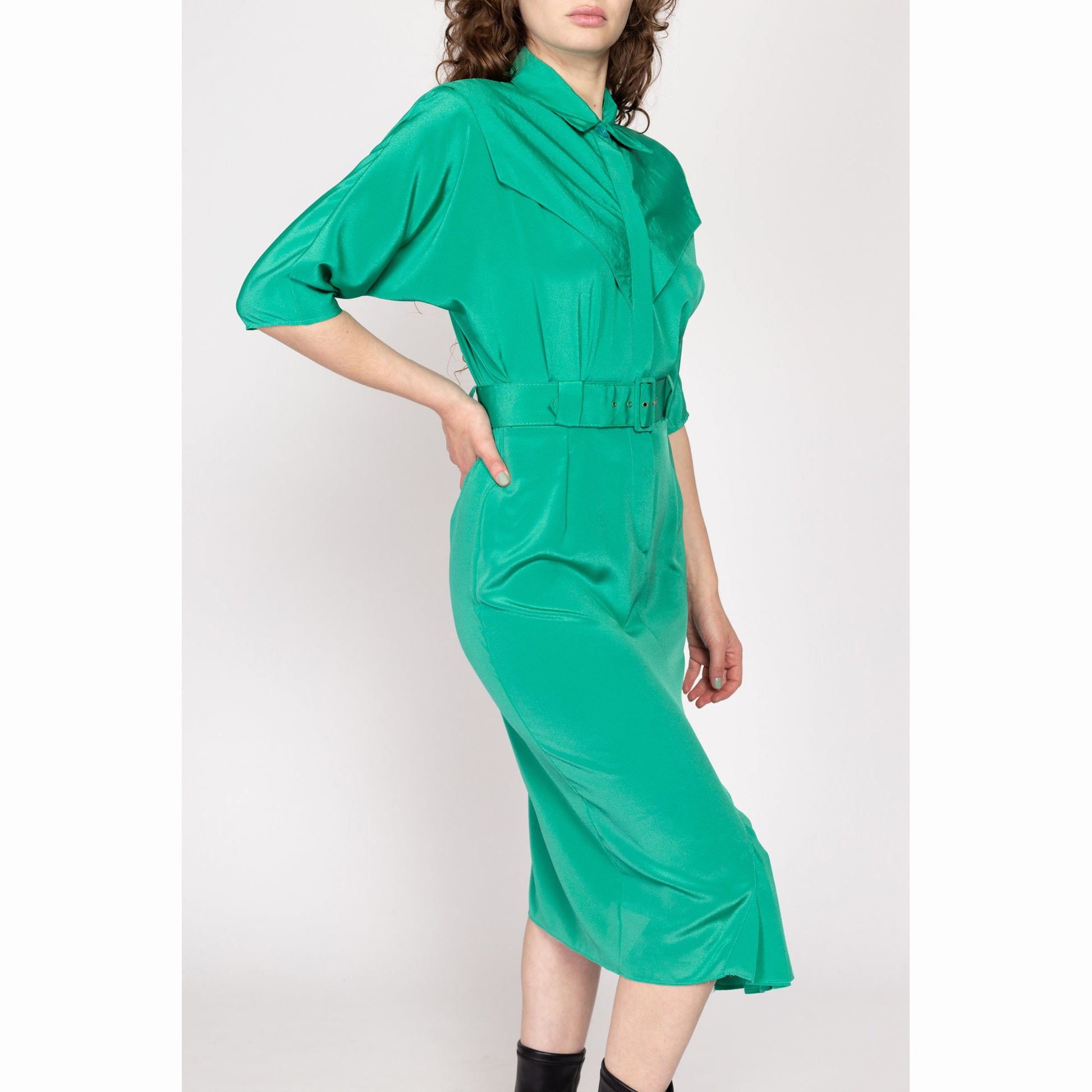Sm-Med 80s Teal Green Dolman Sleeve Shirtdress | Vintage Belted Pleated Skirt Western Midi Dress