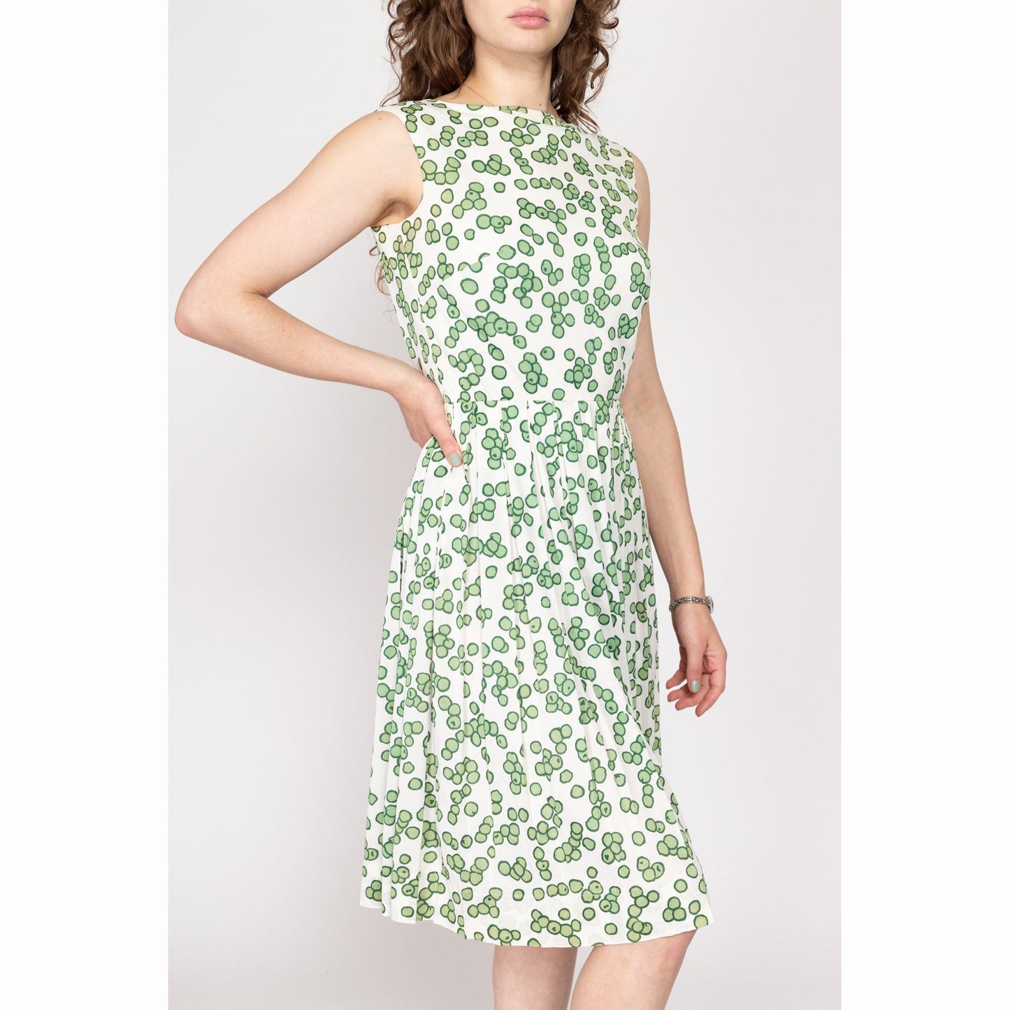 Small 60s Olive Novelty Print Fit & Flare Dress | Retro Vintage Fred Rothschild Sleeveless Pleated Sundress