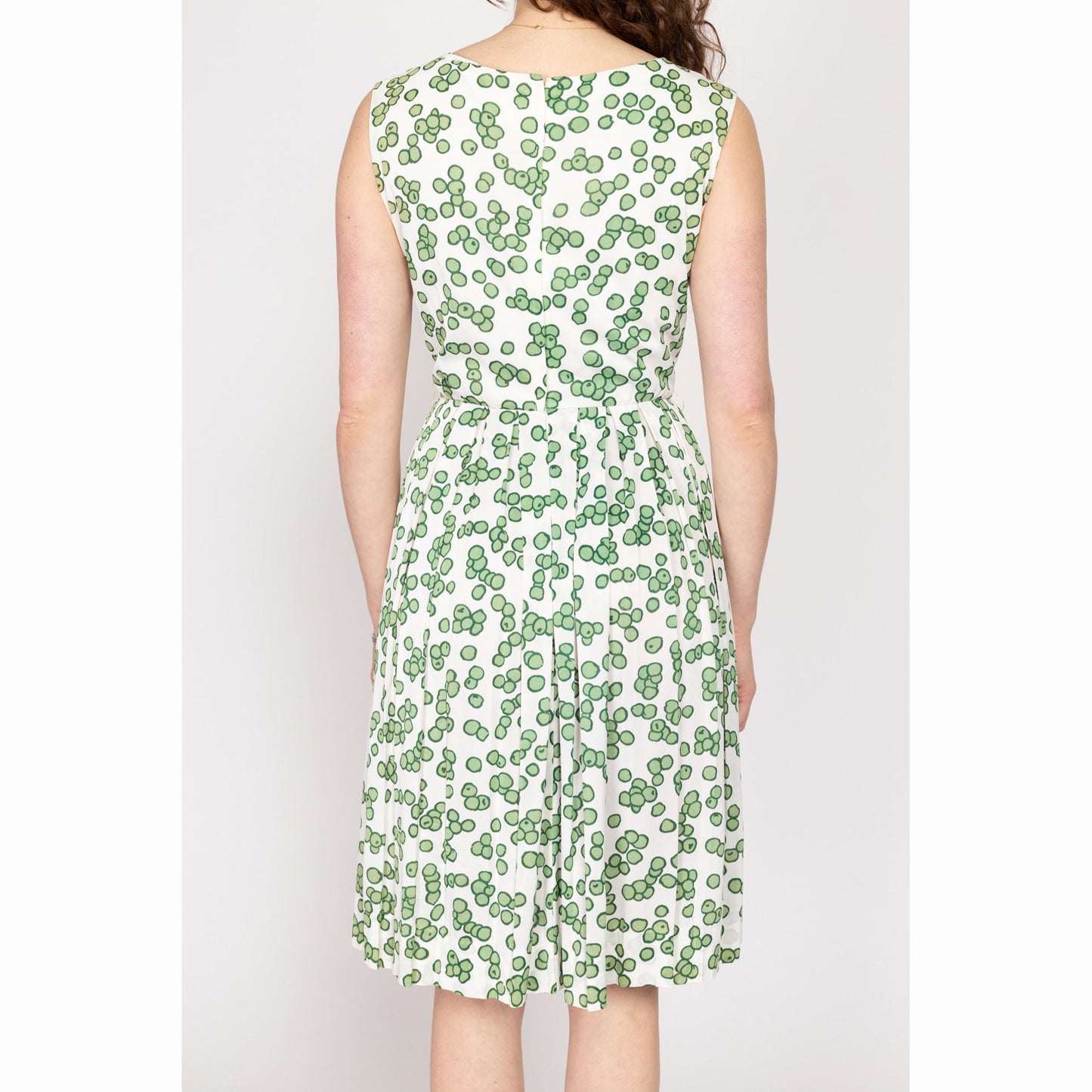 Small 60s Olive Novelty Print Fit & Flare Dress | Retro Vintage Fred Rothschild Sleeveless Pleated Sundress