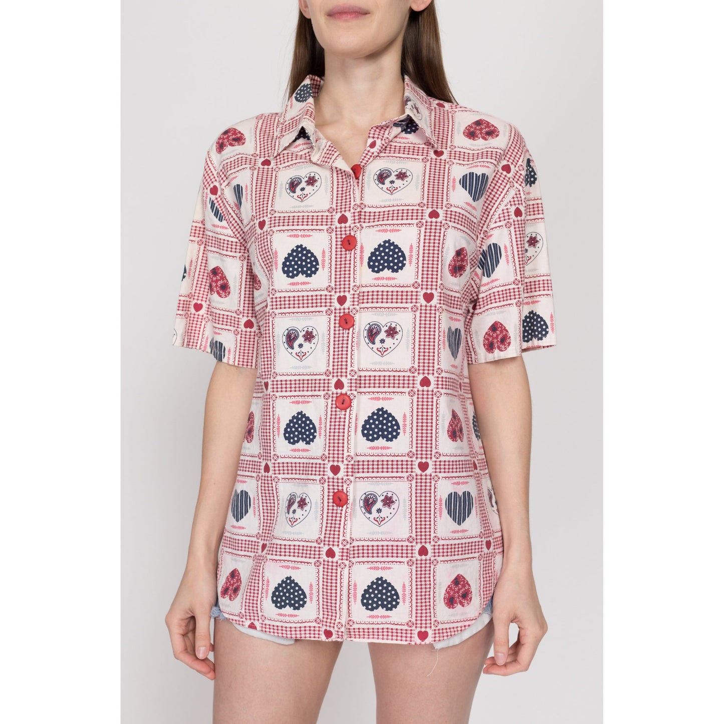 Large 90s Heart Bandana Print Button Up Shirt | Retro Kitsch Vintage Short Sleeve Patchwork Collared Top