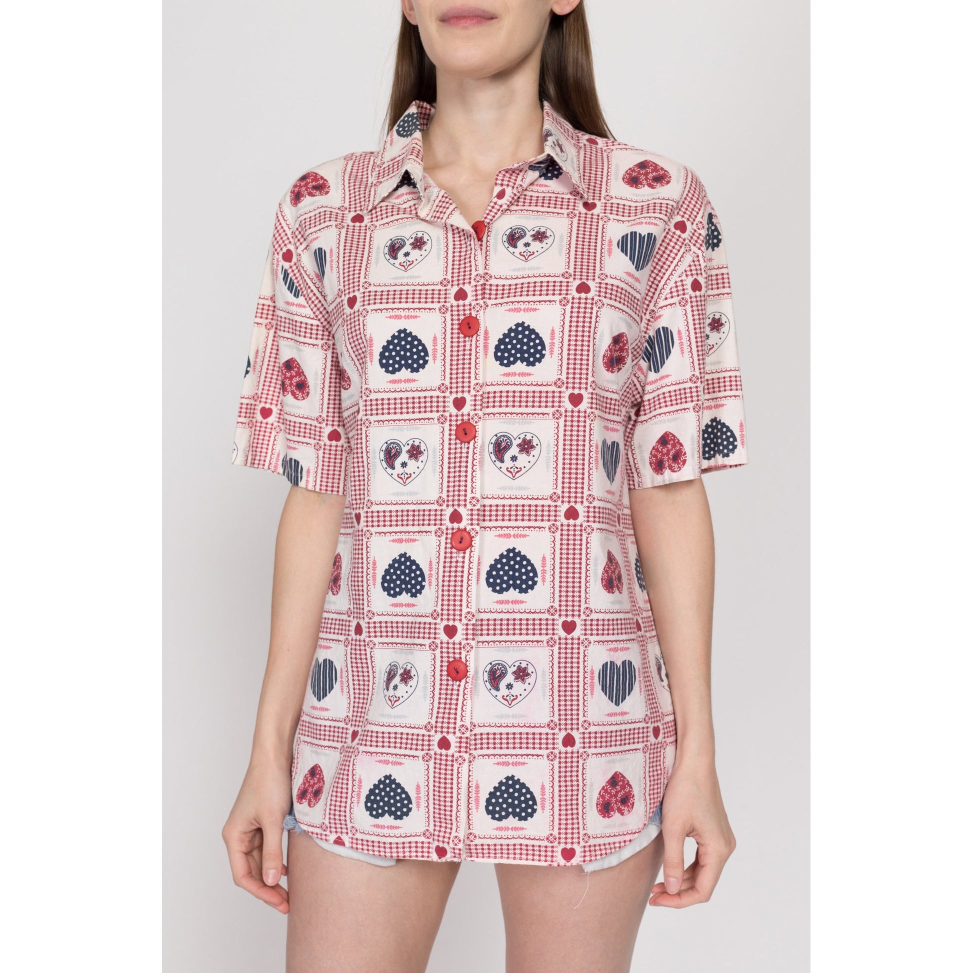 Large 90s Heart Bandana Print Button Up Shirt | Retro Kitsch Vintage Short Sleeve Patchwork Collared Top