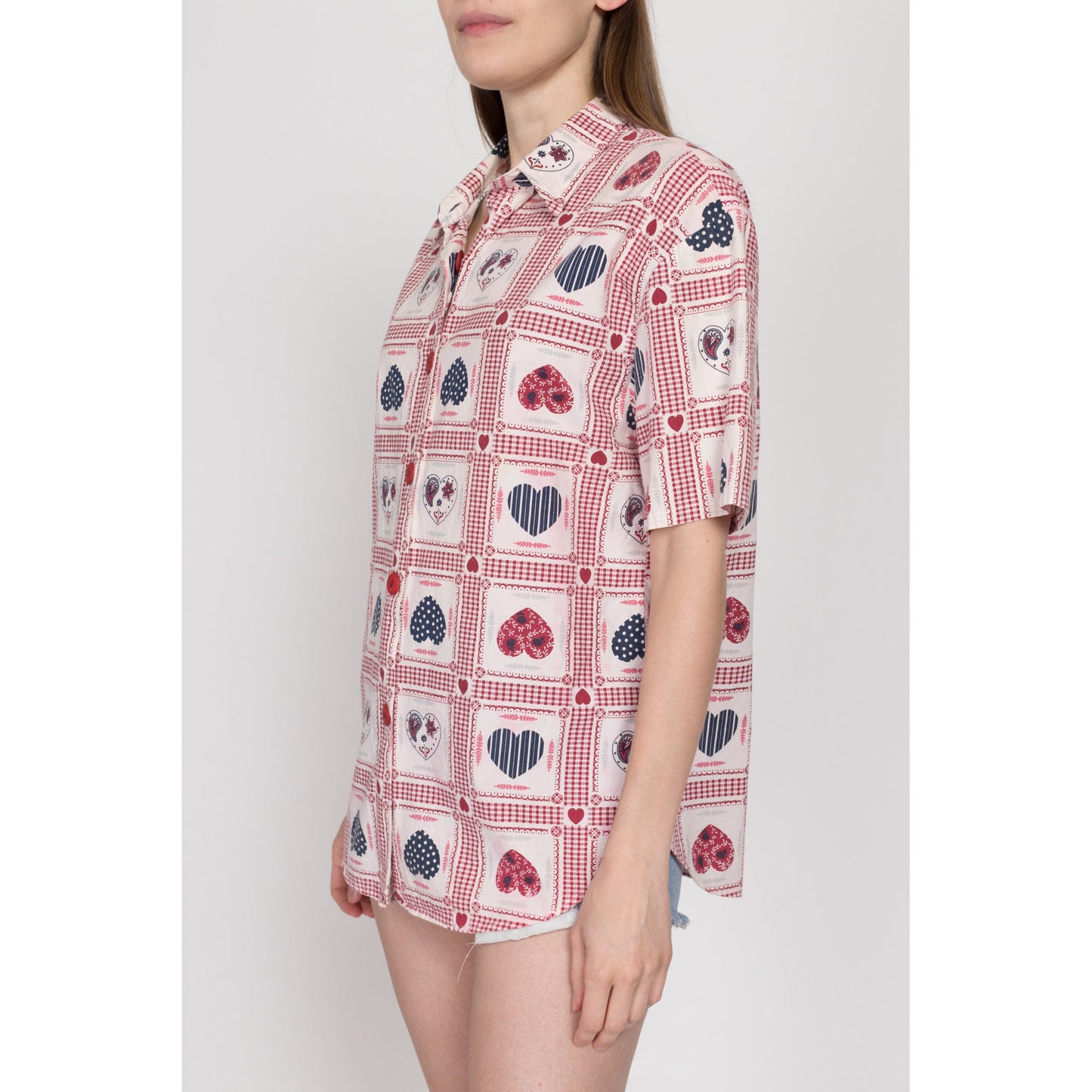 Large 90s Heart Bandana Print Button Up Shirt | Retro Kitsch Vintage Short Sleeve Patchwork Collared Top