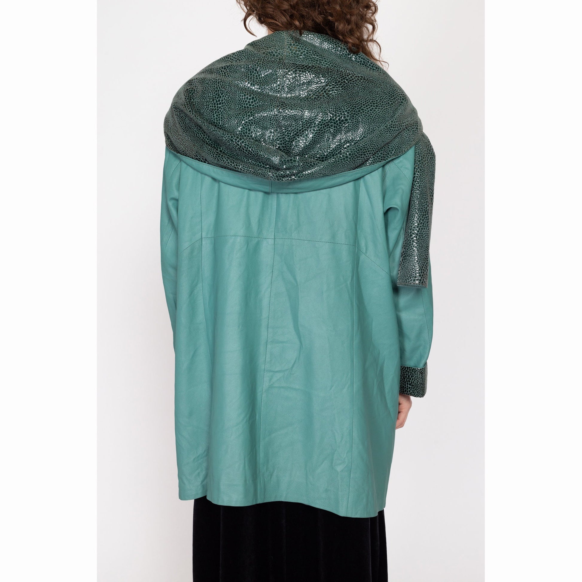 XL 80s Sage Green Snakeskin Leather Hooded Jacket | Vintage Button Up Mid Length Shawl Hood Coat