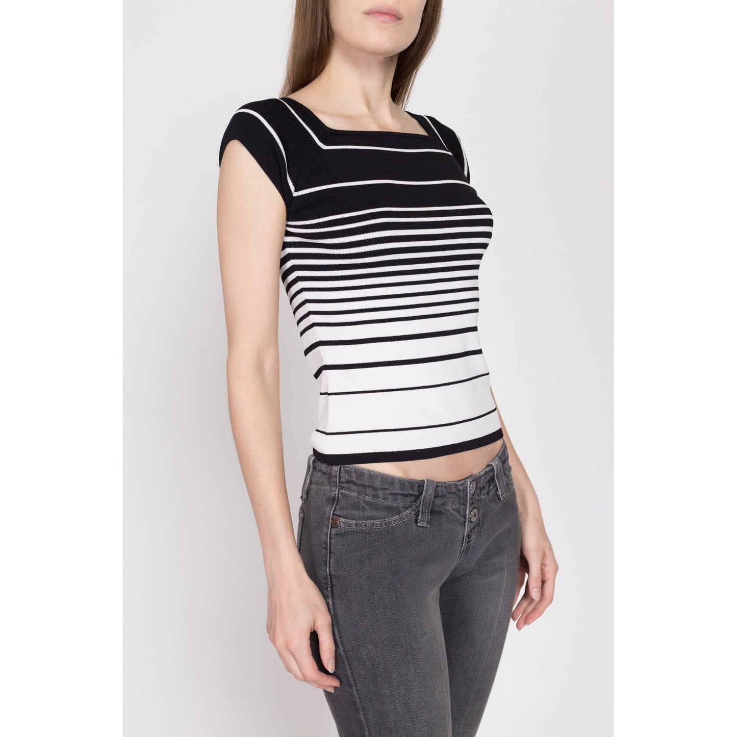 Small Y2K Black & White Gradient Striped Knit Top | Vintage Cap Sleeve Square Neck Fitted Shirt