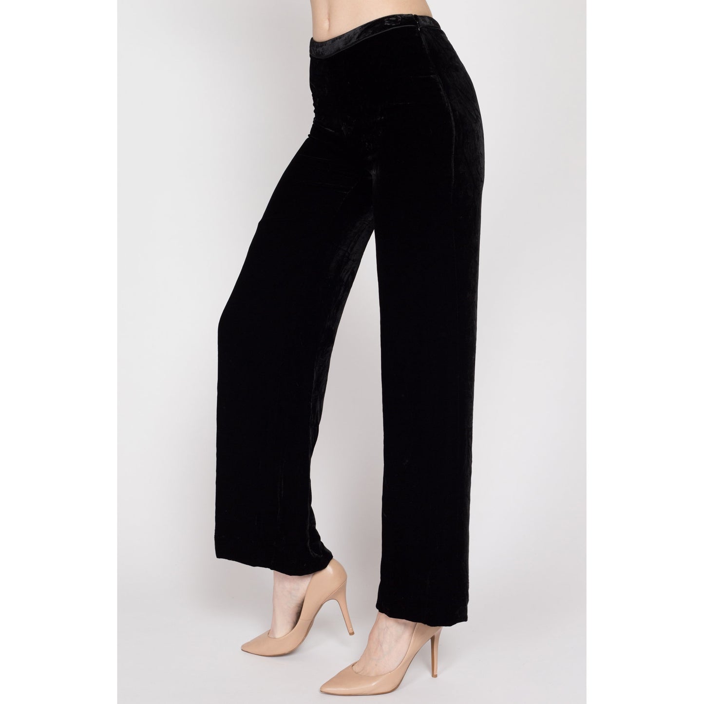 XS 90s Black Silk Velvet Mid Rise Trousers | Vintage Ann Taylor Minimalist Wide Leg Pants