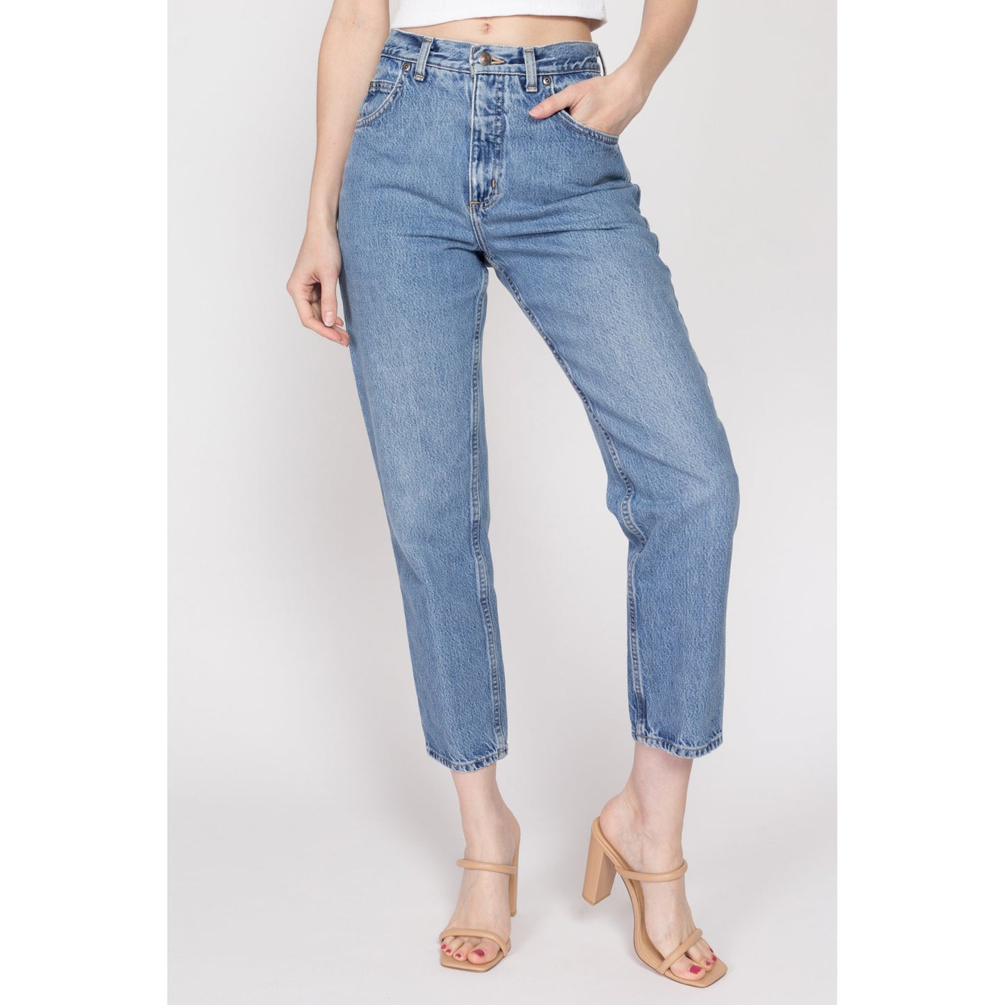 Small 90s High Waisted Stonewash Mom Jeans 26.5" Petite | Vintage Lands End Denim Tapered Leg High Rise Jeans