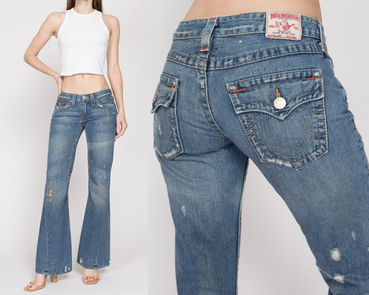 Small Y2K True Religion Joey Low Rise Flared Jeans | Vintage 2000s Distressed Denim Bell Bottoms