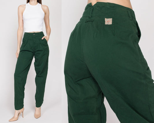 XS 90s Forest Green Pleated Balloon Chino Pants 24.5" | Vintage High Waisted Loose Tapered Leg Baggy Statement Trousers