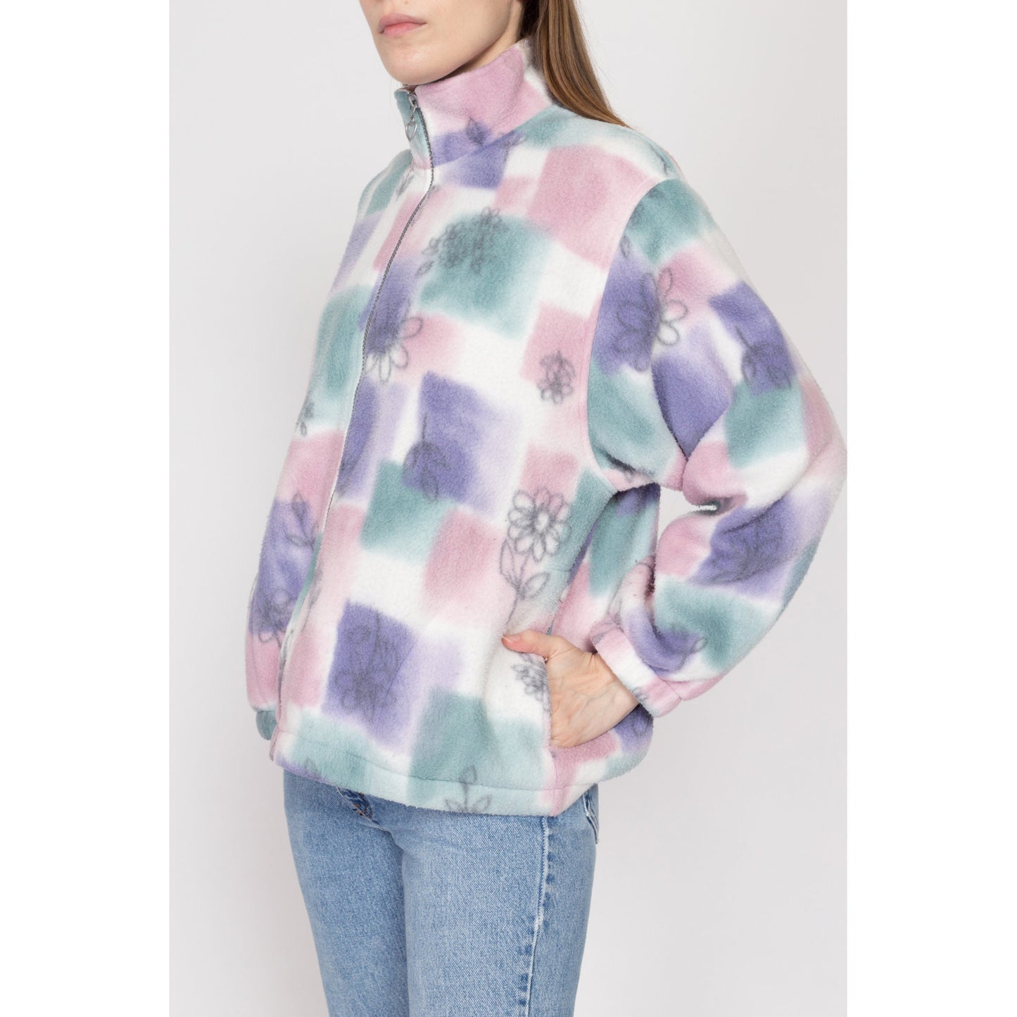 Large 90s Pastel Floral Fleece Zip Up Sweatshirt | Vintage Petite Soft Color Block Lightweight Jacket