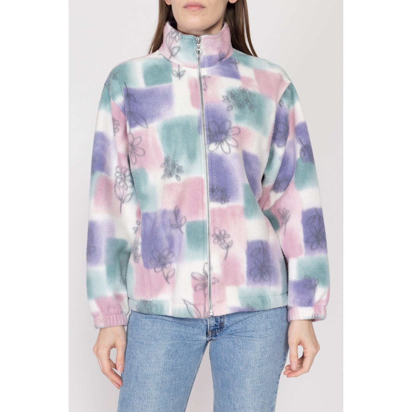 Large 90s Pastel Floral Fleece Zip Up Sweatshirt | Vintage Petite Soft Color Block Lightweight Jacket