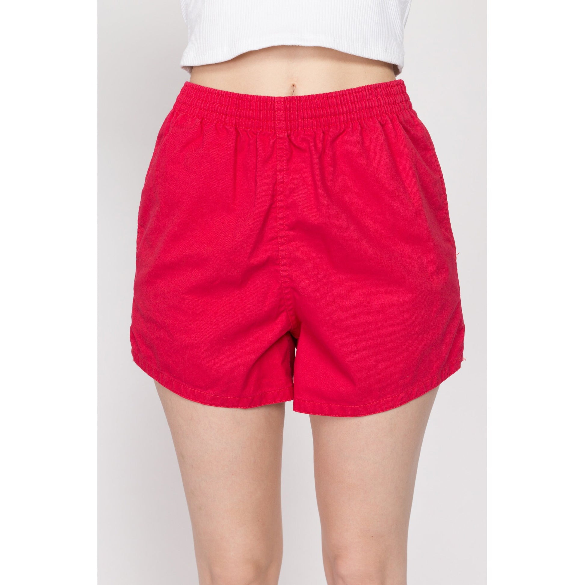 Small 90s Red Cotton Elastic Waist Shorts | Vintage High Rise Causal Pocket Athletic Shorts