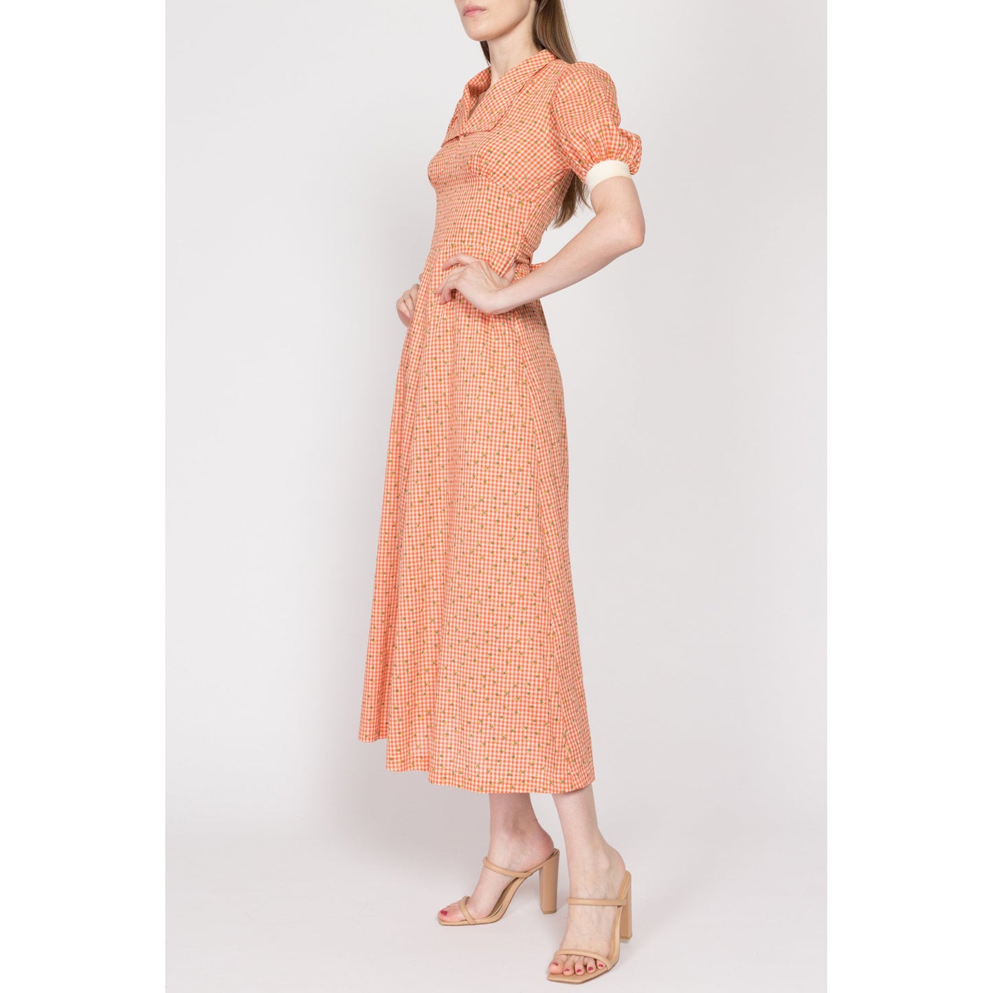 XXS-XS 60s Orange Gingham Floral Prairie Maxi Dress | Vintage Boho Puff Sleeve Hippie Gown