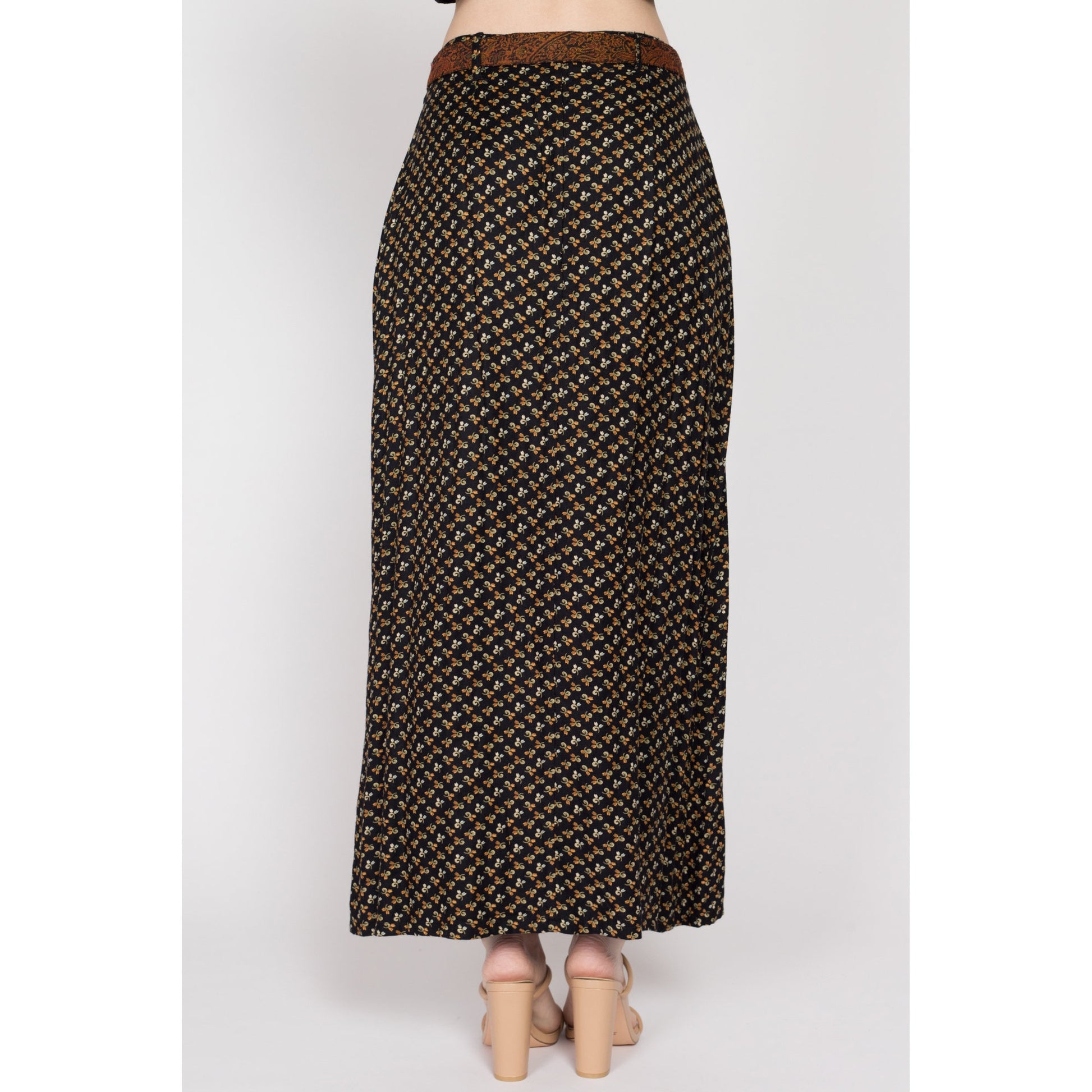 Sm-Med 90s April Cornell Black Floral Tassel Belt Maxi Skirt 28" | Vintage High Waisted A Line Boho Long Rayon Skirt
