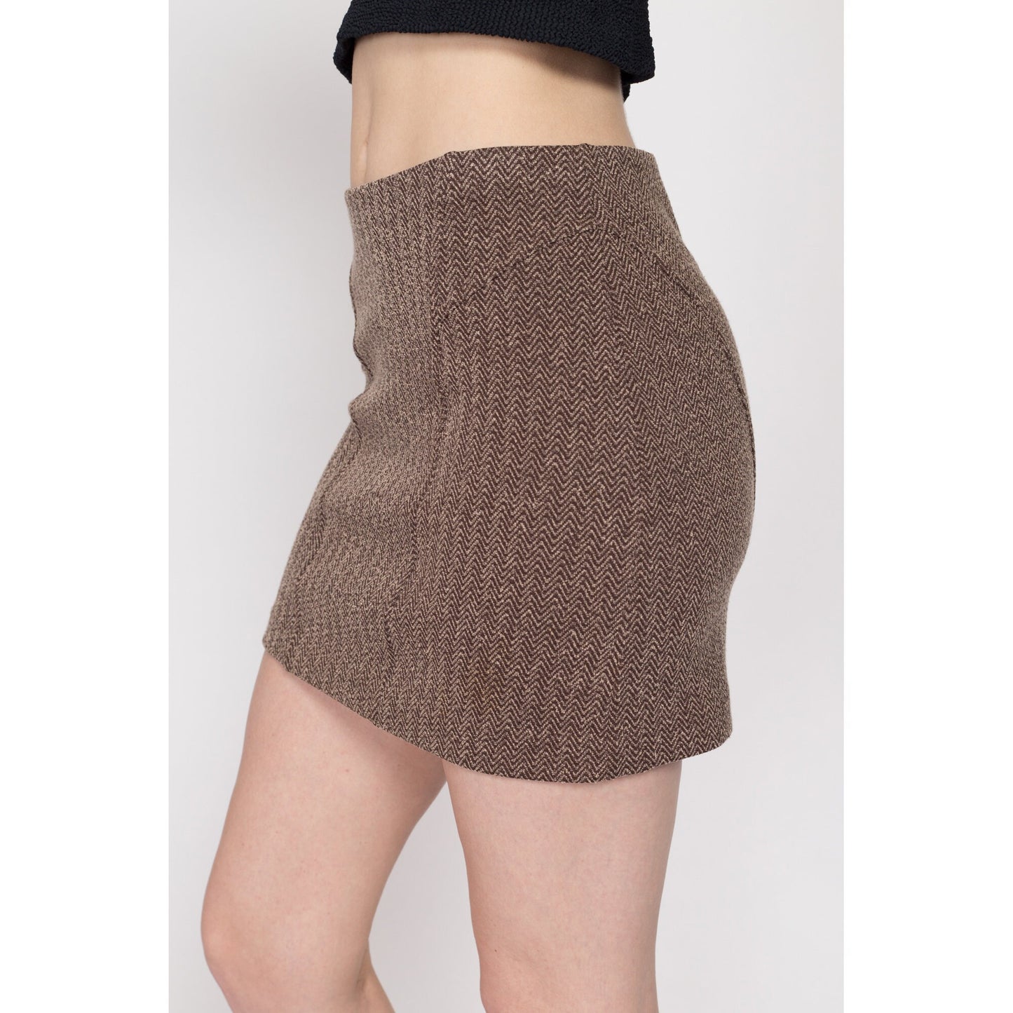 XS-Sm 90s Brown Herringbone Knit Mini Skirt | Vintage Express Stretchy Woven High Waisted Fitted Miniskirt