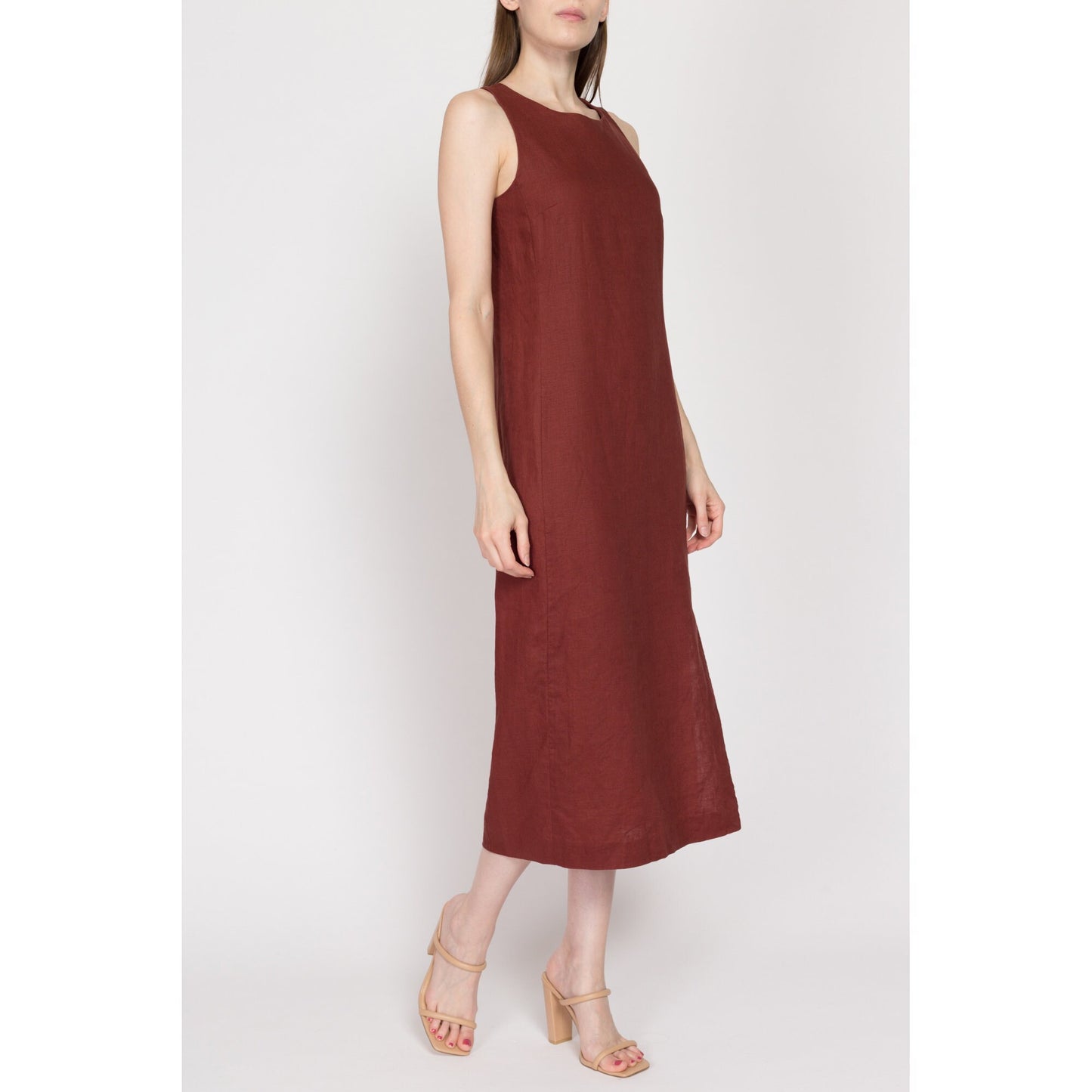 Small 90s Rust Red Linen Midi Shift Dress | Vintage Minimalist Side Slit Sleeveless Grunge Dress