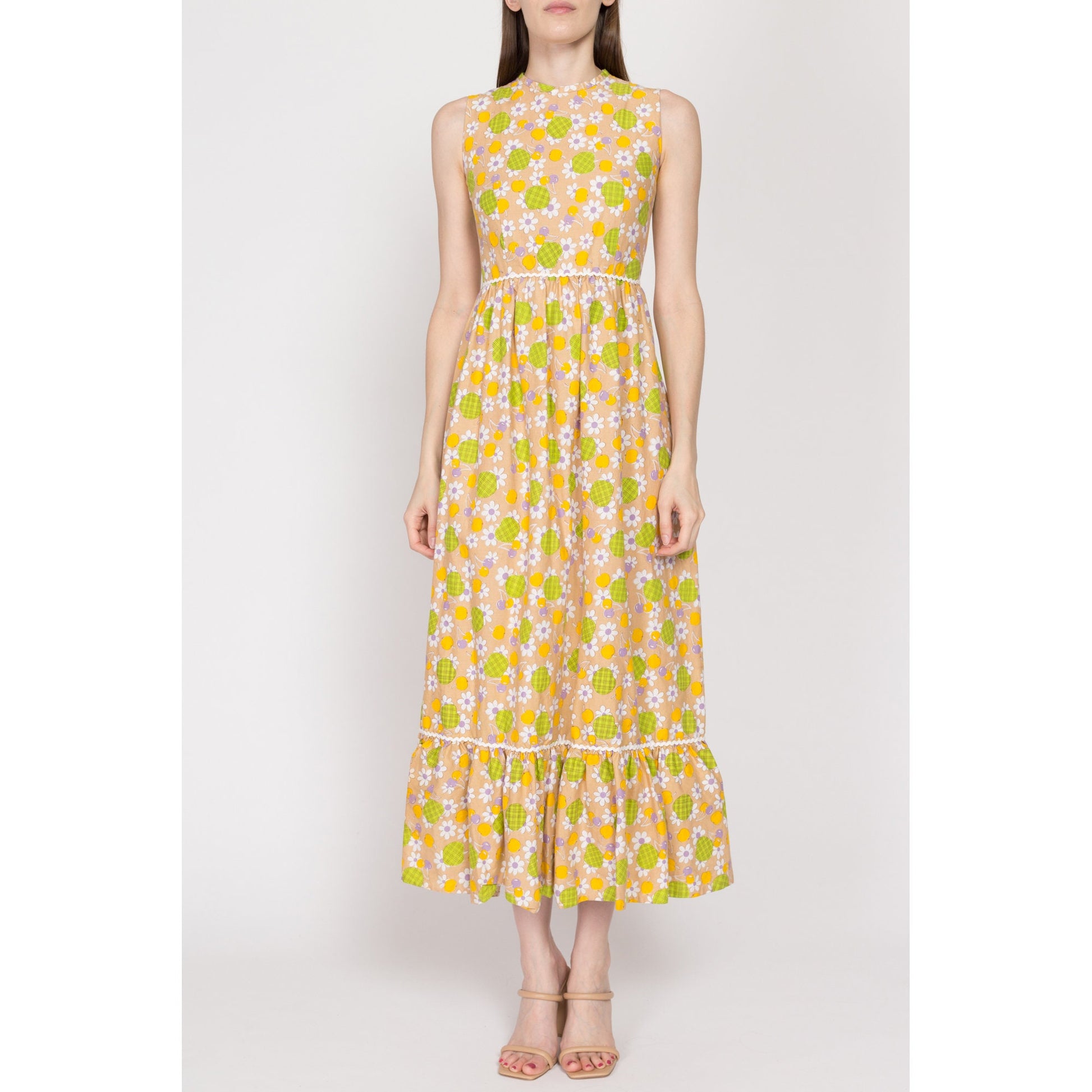 Petite XS 70s Boho Yellow Fruit & Floral Print Maxi Sundress | Vintage Keyhole Back Ric Rac Trim Novelty Sleeveless A Line Hippie Dress