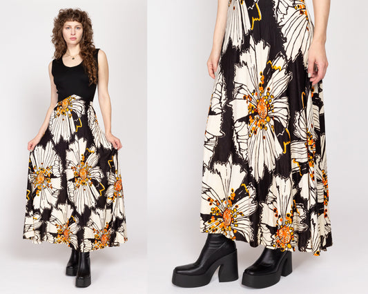 Medium 70s Black & White Poppy Print Maxi Dress, As Is | Vintage Sleeveless Boho Floral Hostess Dress