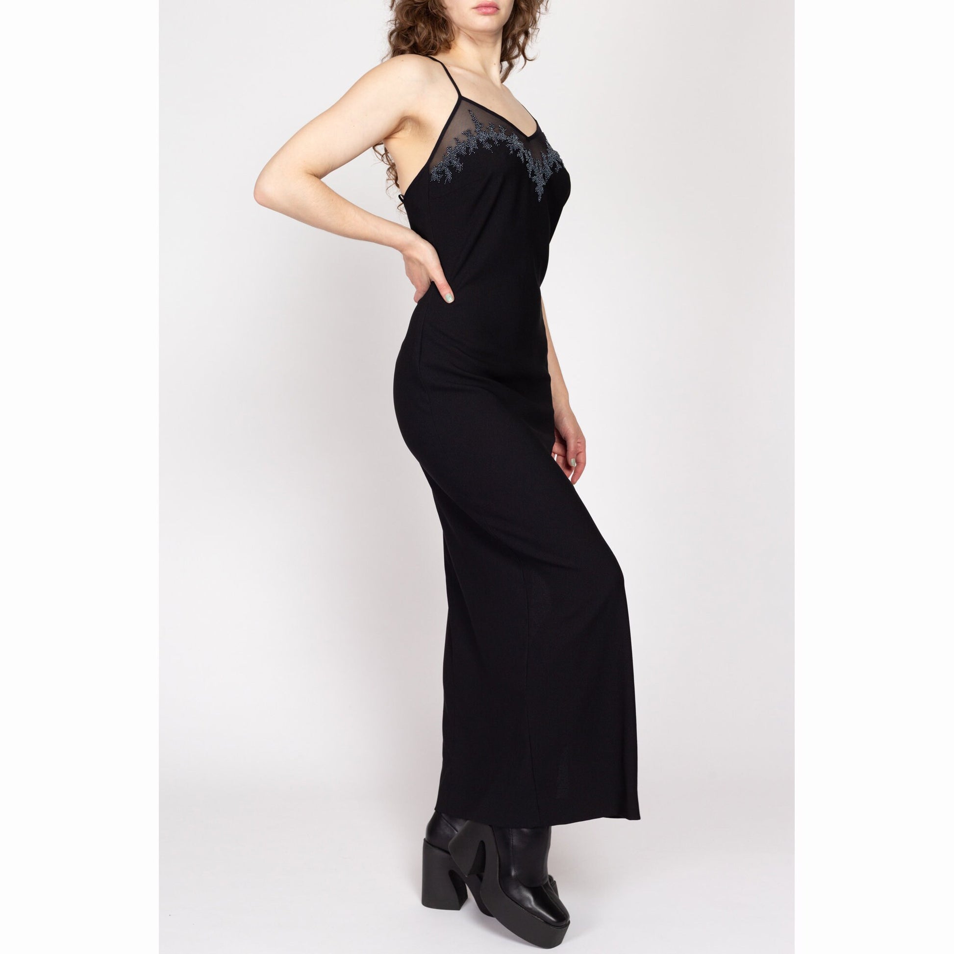 Medium 90s Black Beaded Low Cross Back Maxi Dress | Vintage Spaghetti Strap Sleeveless Slinky Sexy Formal Gown