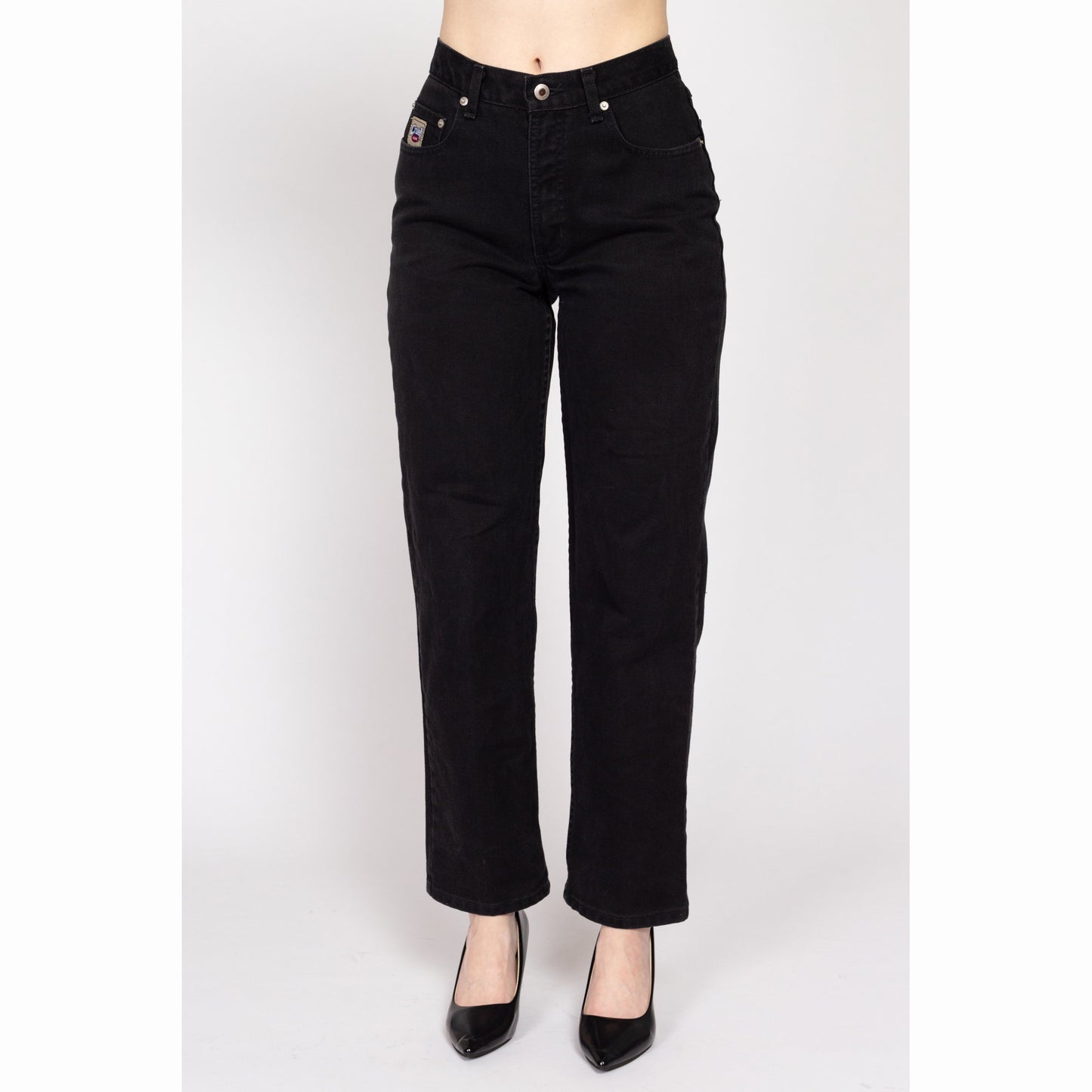 Small 90s Black High Waisted Relaxed Mom Jeans 27" | Vintage Cotton Denim Straight Leg Jeans