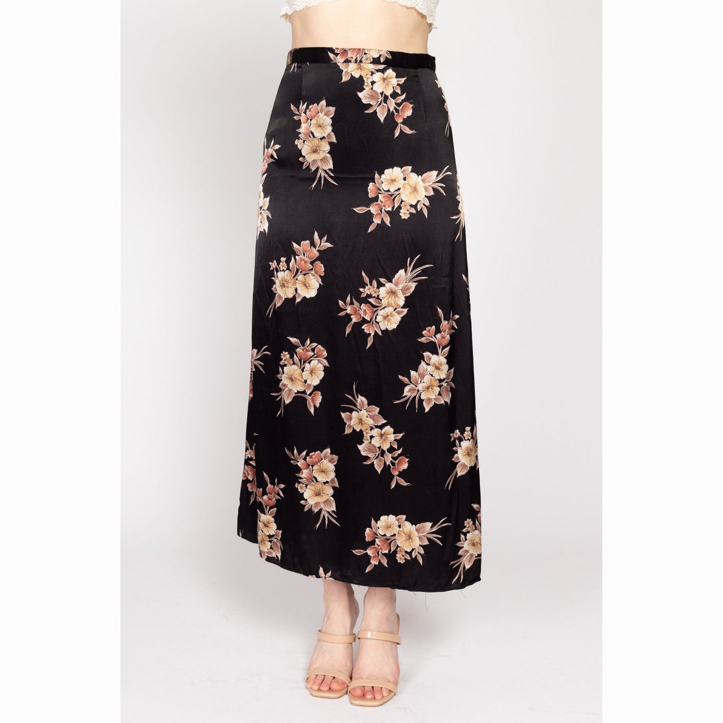 Medium 90s Black Floral Satin Maxi Skirt 28" | Vintage High Waisted Boho A Line Flowy Slip Skirt