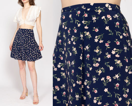 Small 90s Navy Blue Floral Mini Skirt 26.5" | Vintage Boho Flowy Flower Print Summer Miniskirt