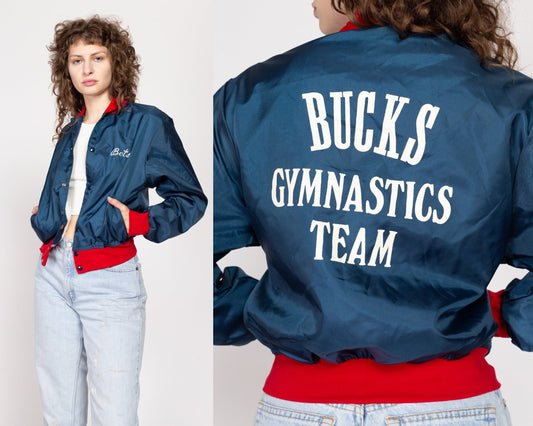 Small 80s Bucks Gymnastics Team Satin Cropped Varsity Jacket | Vintage Navy Blue Snap Up Athletic Bomber