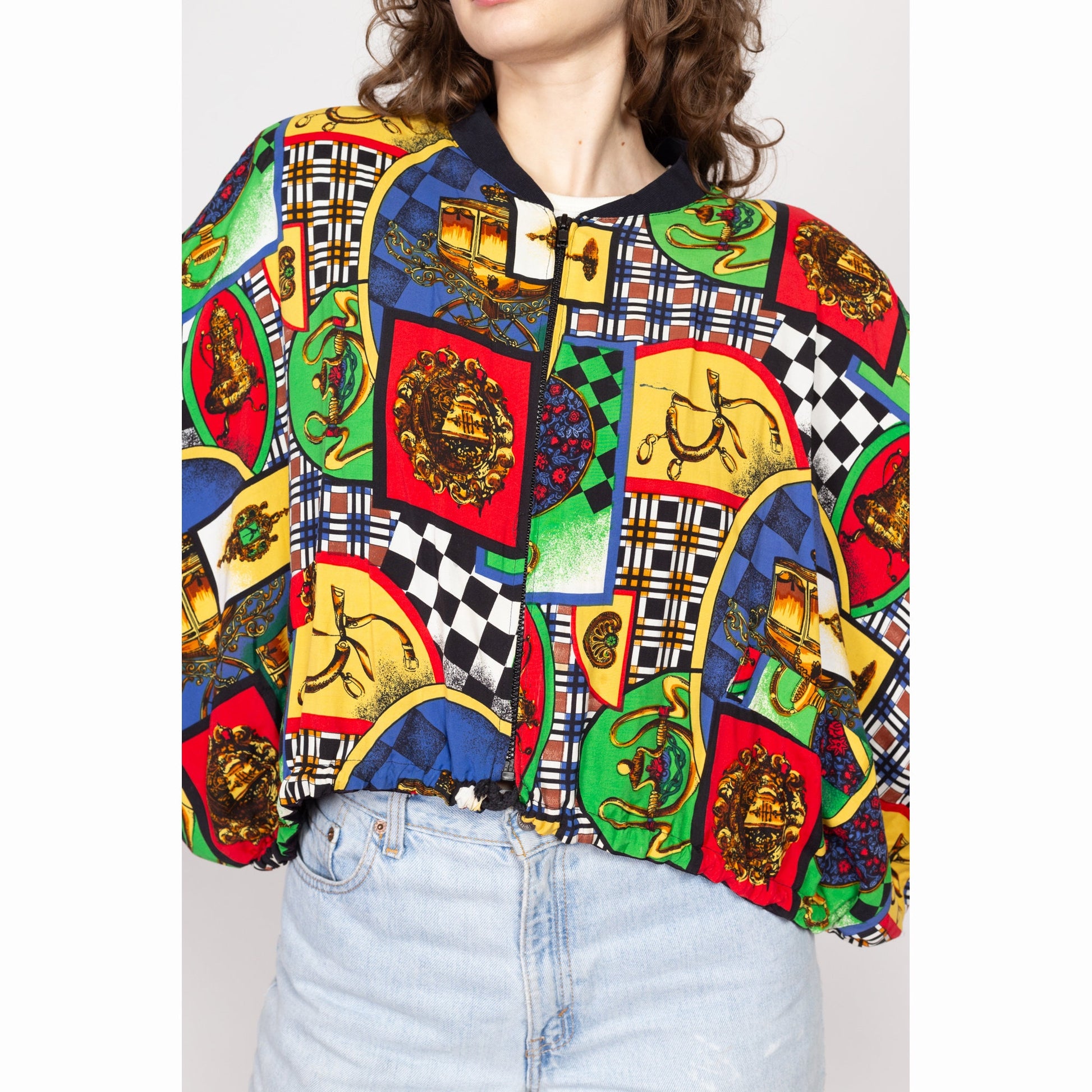 One Size 80s Baroque Print Cropped Bomber Jacket | Vintage Drawstring Waist Grunge Red Green Slouchy Zip Up Lightweight Jacket