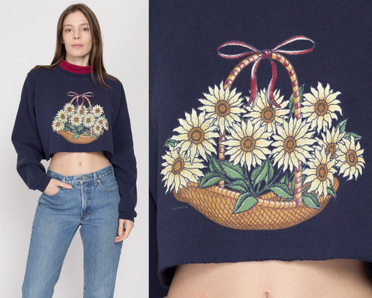 Large 90s Flower Basket Cropped Collared Sweatshirt | Vintage Navy Blue Daisy Floral Mockneck Collar Pullover Crop Top