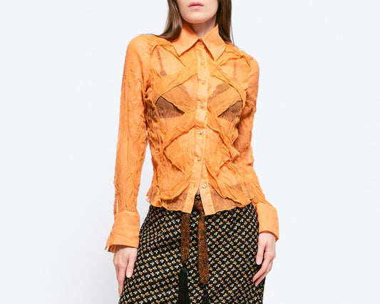 Small 90s Y2K Orange Sheer Crinkle Textured Blouse | Vintage Long Sleeve Collared Button Up Top