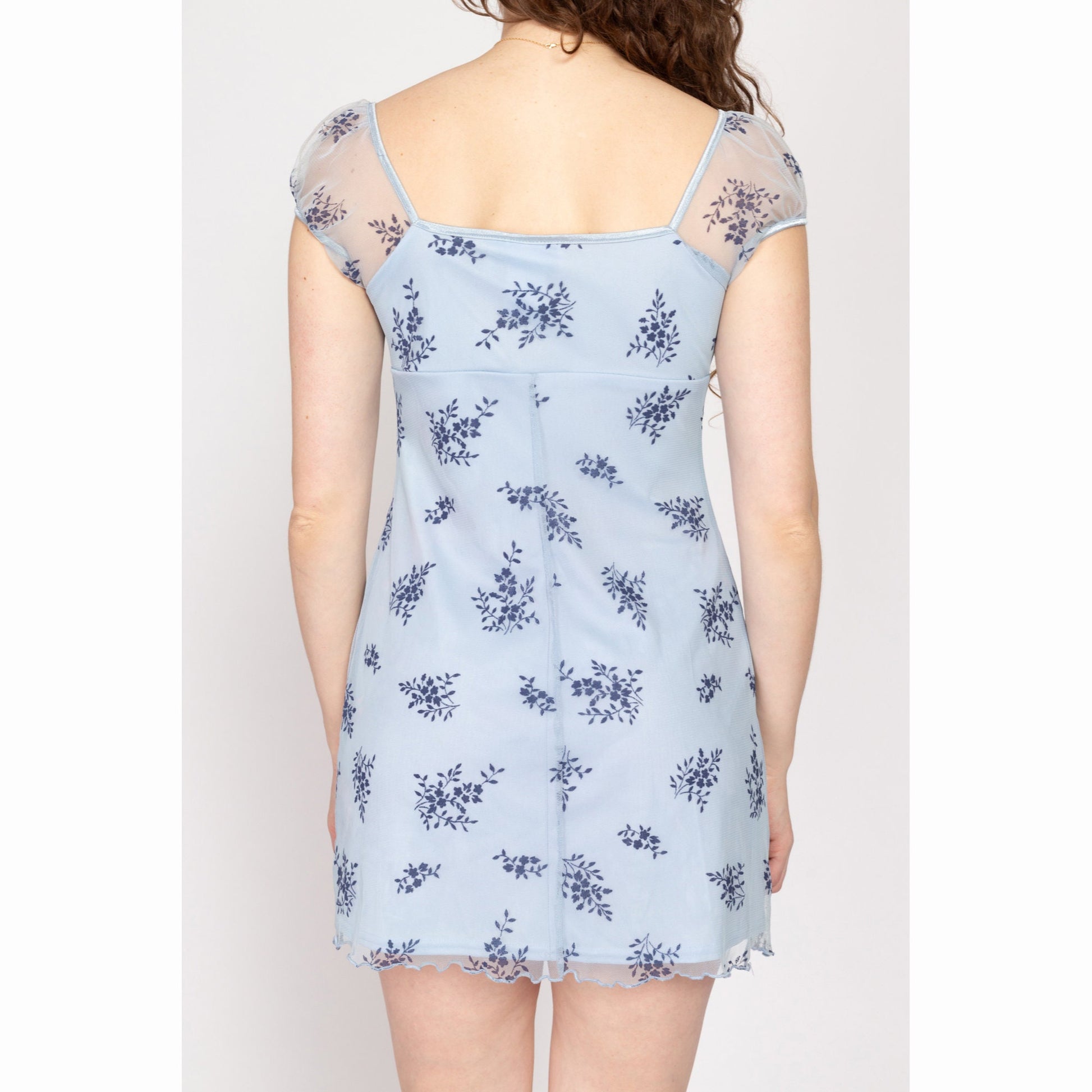 Medium 90s Blue Floral Babydoll Mini Dress | Vintage A Line Sheer Cap Sleeve Lettuce Hem Sundress