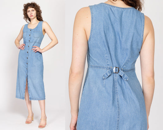 Medium 90s Denim Button Front Pinafore Midi Dress | Vintage Sleeveless Blue Jean Scoop Neck Grunge Dress