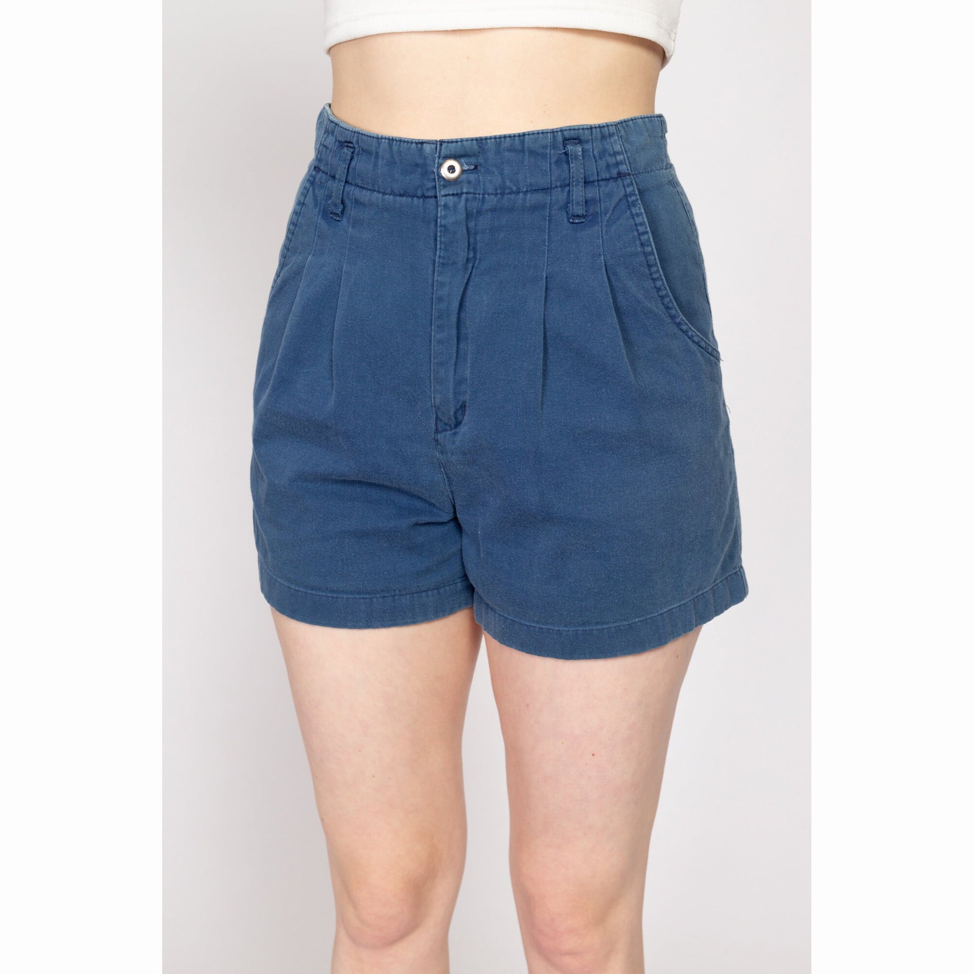 Medium 80s Navy Blue High Waisted Shorts 27"-29" | Vintage Cotton Casual Pleated Shorts