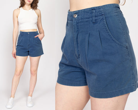 Medium 80s Navy Blue High Waisted Shorts 27"-29" | Vintage Cotton Casual Pleated Shorts
