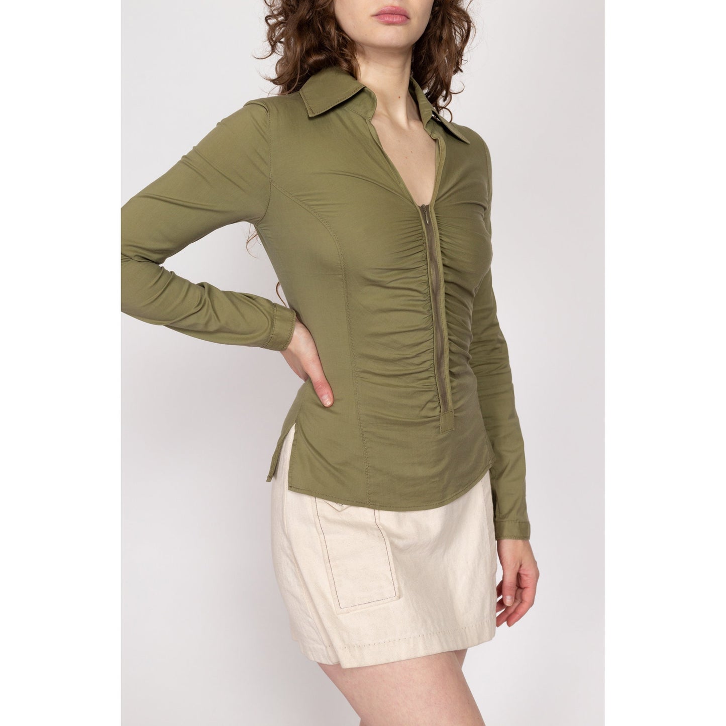 Small Y2K Army Green Ruched Long Sleeve Top | Vintage Boho V Neck Zip Front Fitted Collared Blouse