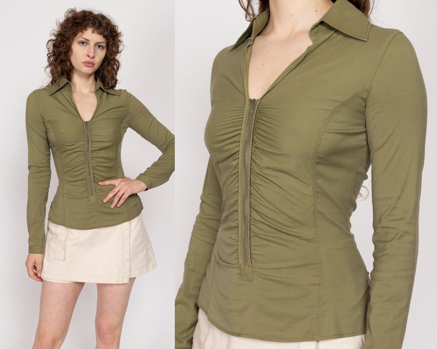 Small Y2K Army Green Ruched Long Sleeve Top | Vintage Boho V Neck Zip Front Fitted Collared Blouse