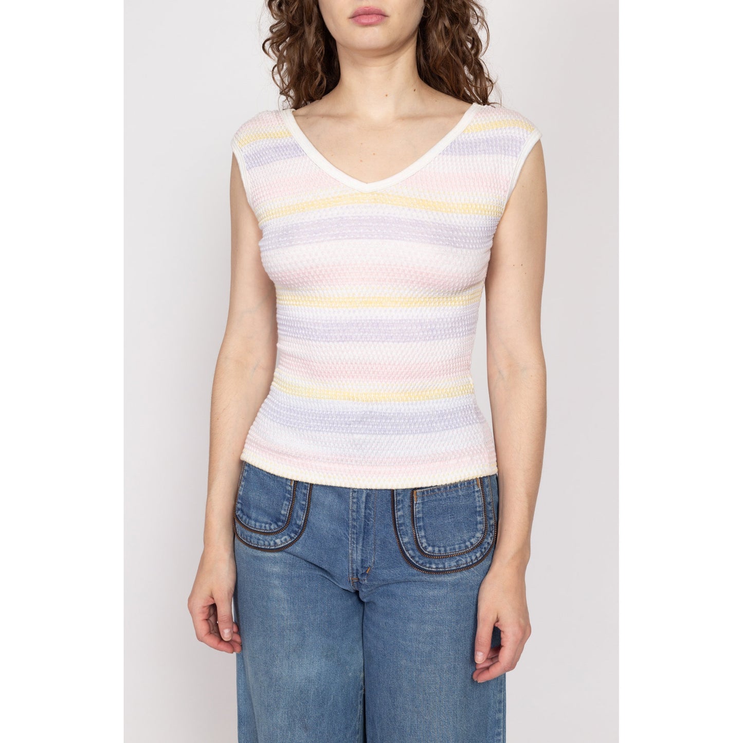 Medium 80s Wrangler Pastel Striped Knit Sleeveless Top | Vintage Fitted Stretchy Popcorn Tank
