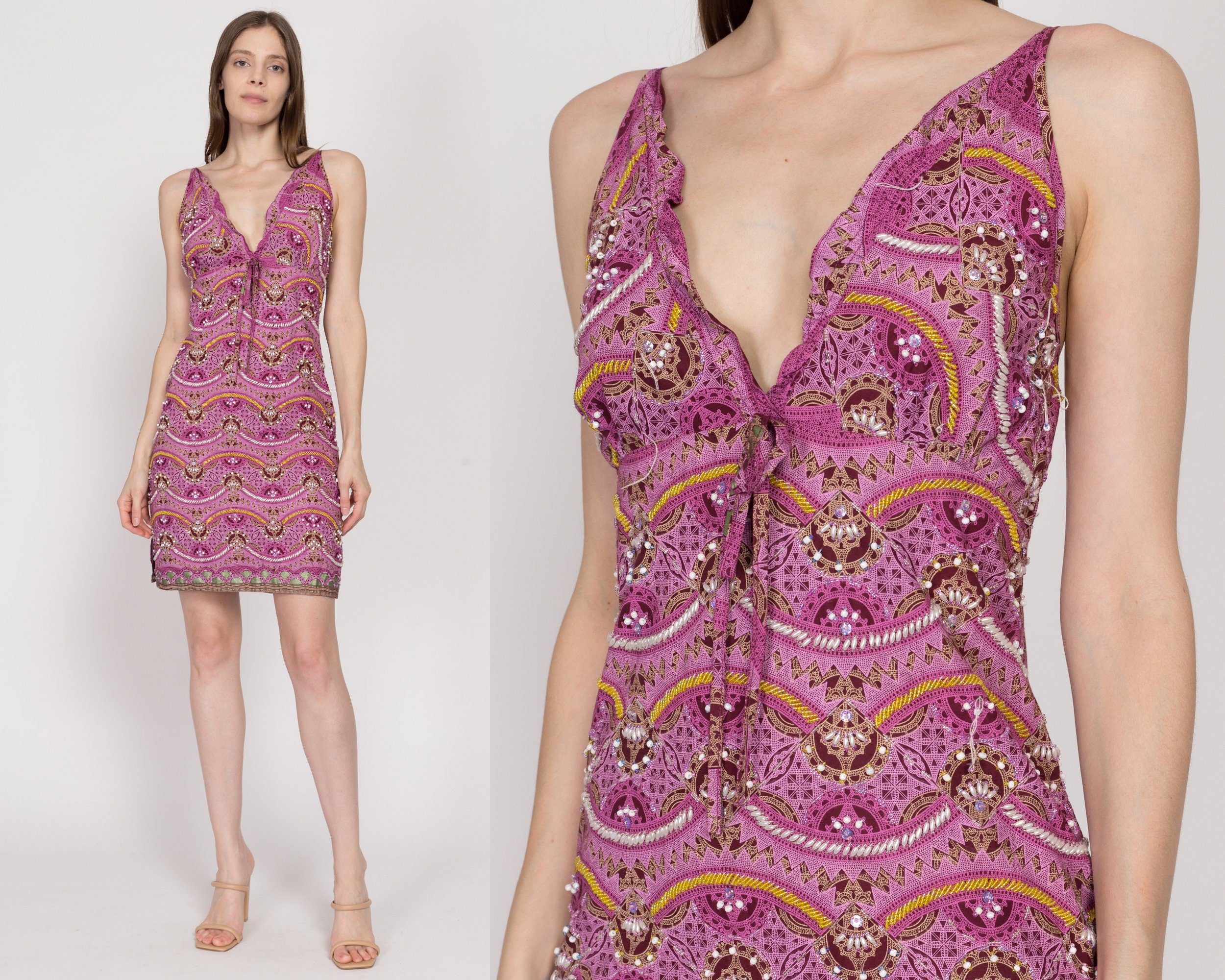 Small Y2K Beaded Mauve Pink Batik Mini Dress