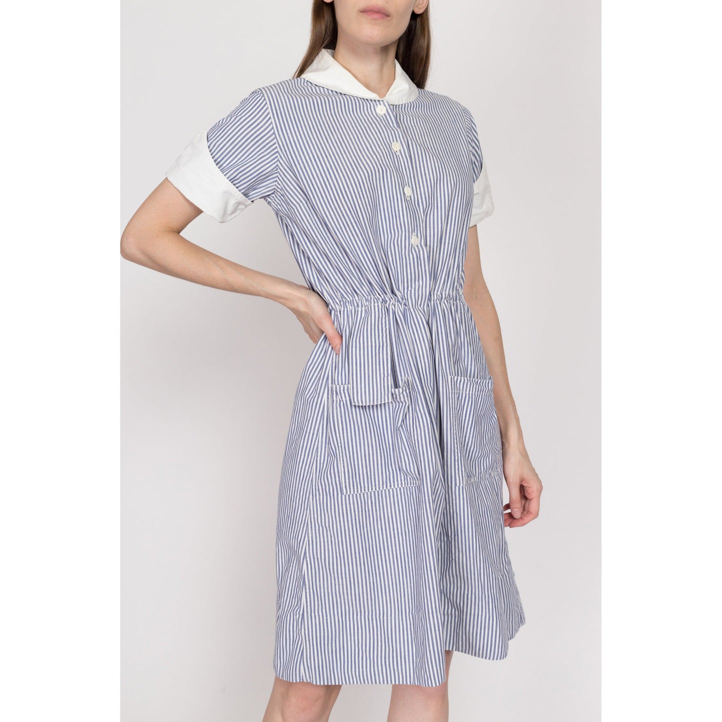 Medium 1940s Nurse Uniform Blue & White Striped Dress | Vintage 40s Authentic Nursing Outfit Pinstripe Pocket Mini Dress