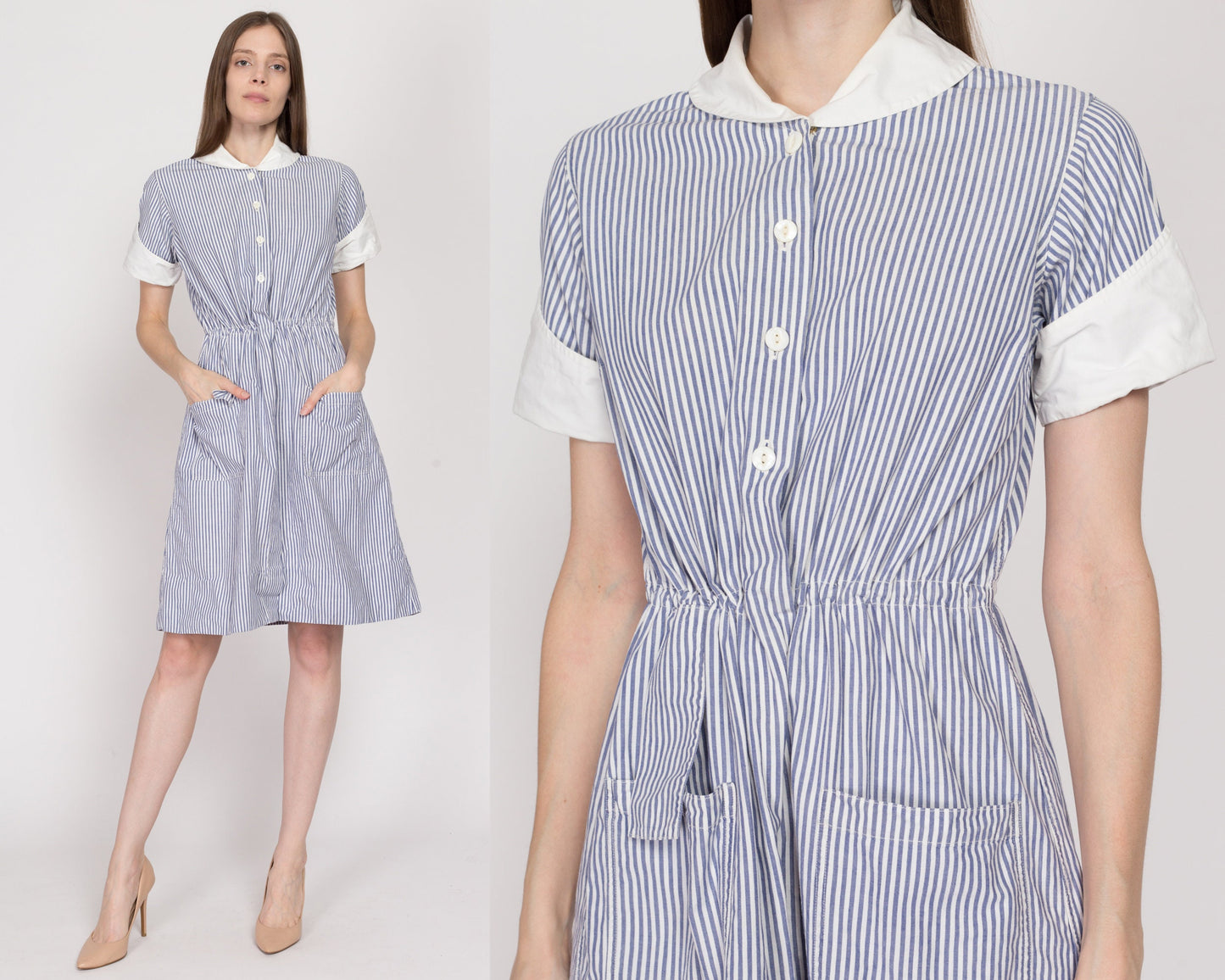 Medium 1940s Nurse Uniform Blue & White Striped Dress | Vintage 40s Authentic Nursing Outfit Pinstripe Pocket Mini Dress