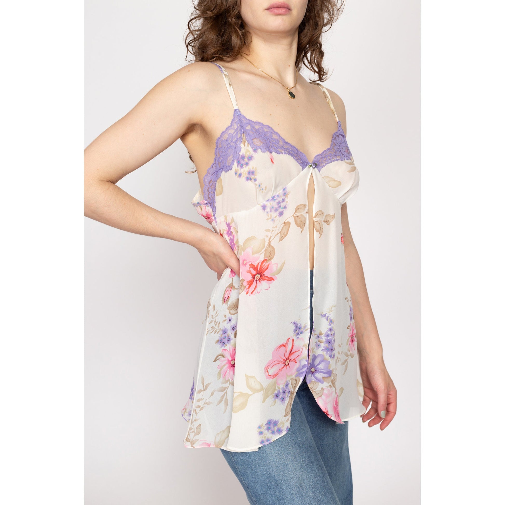 Medium 90s Floral Split Hem Camisole Slip Top | Sheer White Purple Lace Trim Lingerie Cami Top