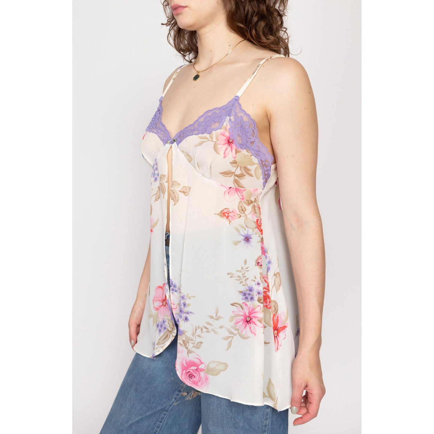 Medium 90s Floral Split Hem Camisole Slip Top | Sheer White Purple Lace Trim Lingerie Cami Top