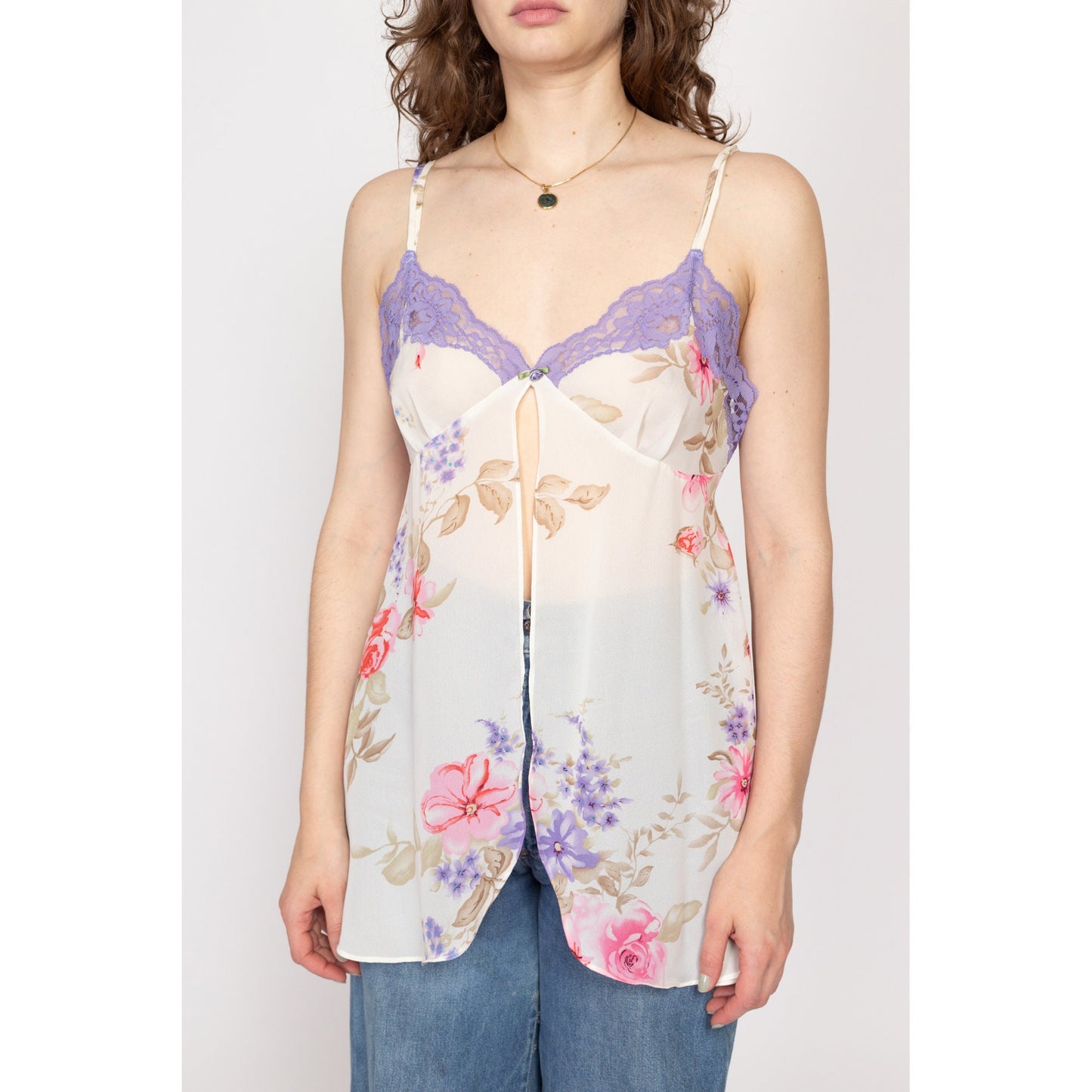 Medium 90s Floral Split Hem Camisole Slip Top | Sheer White Purple Lace Trim Lingerie Cami Top