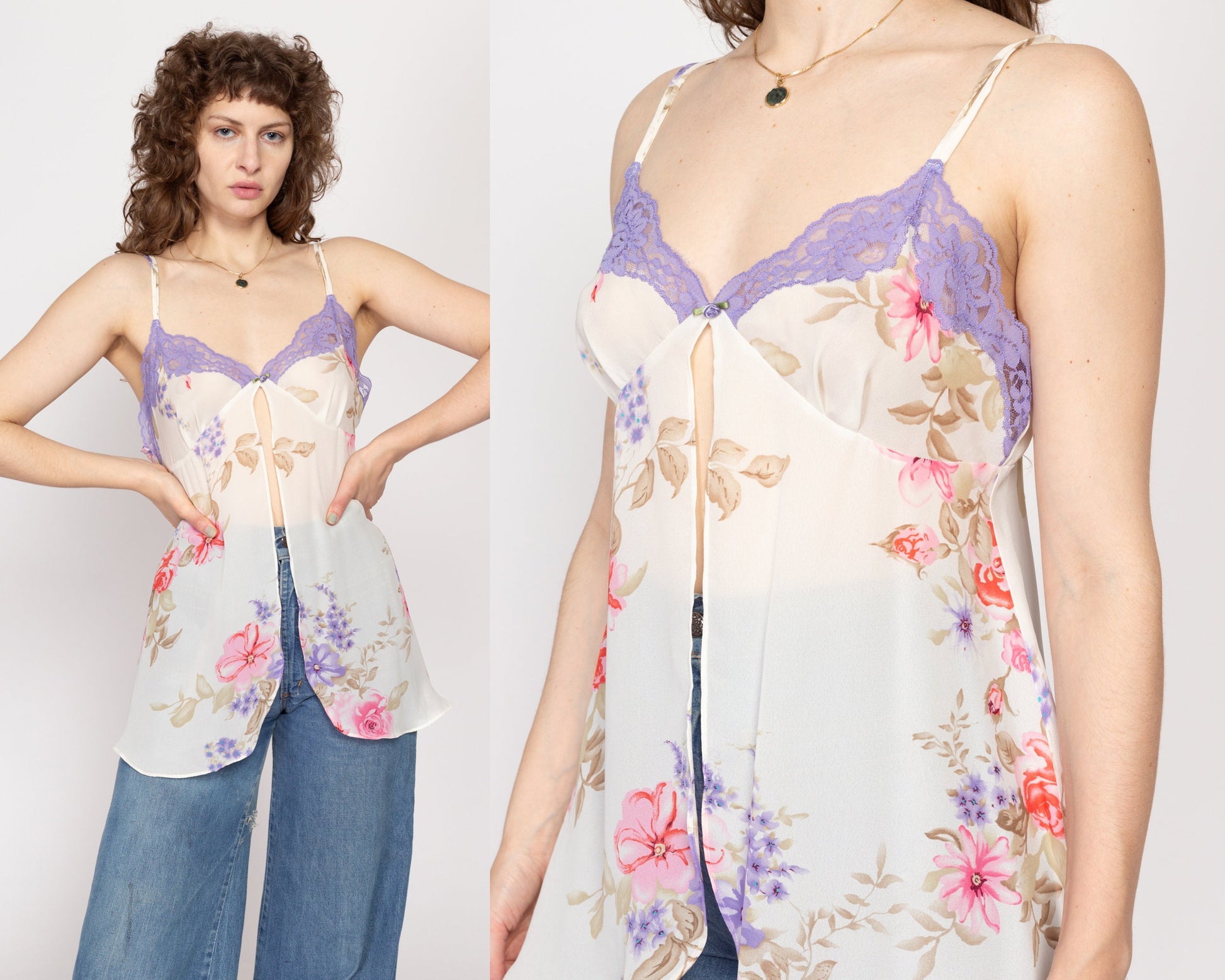 Medium 90s Floral Split Hem Camisole Slip Top | Sheer White Purple Lace Trim Lingerie Cami Top