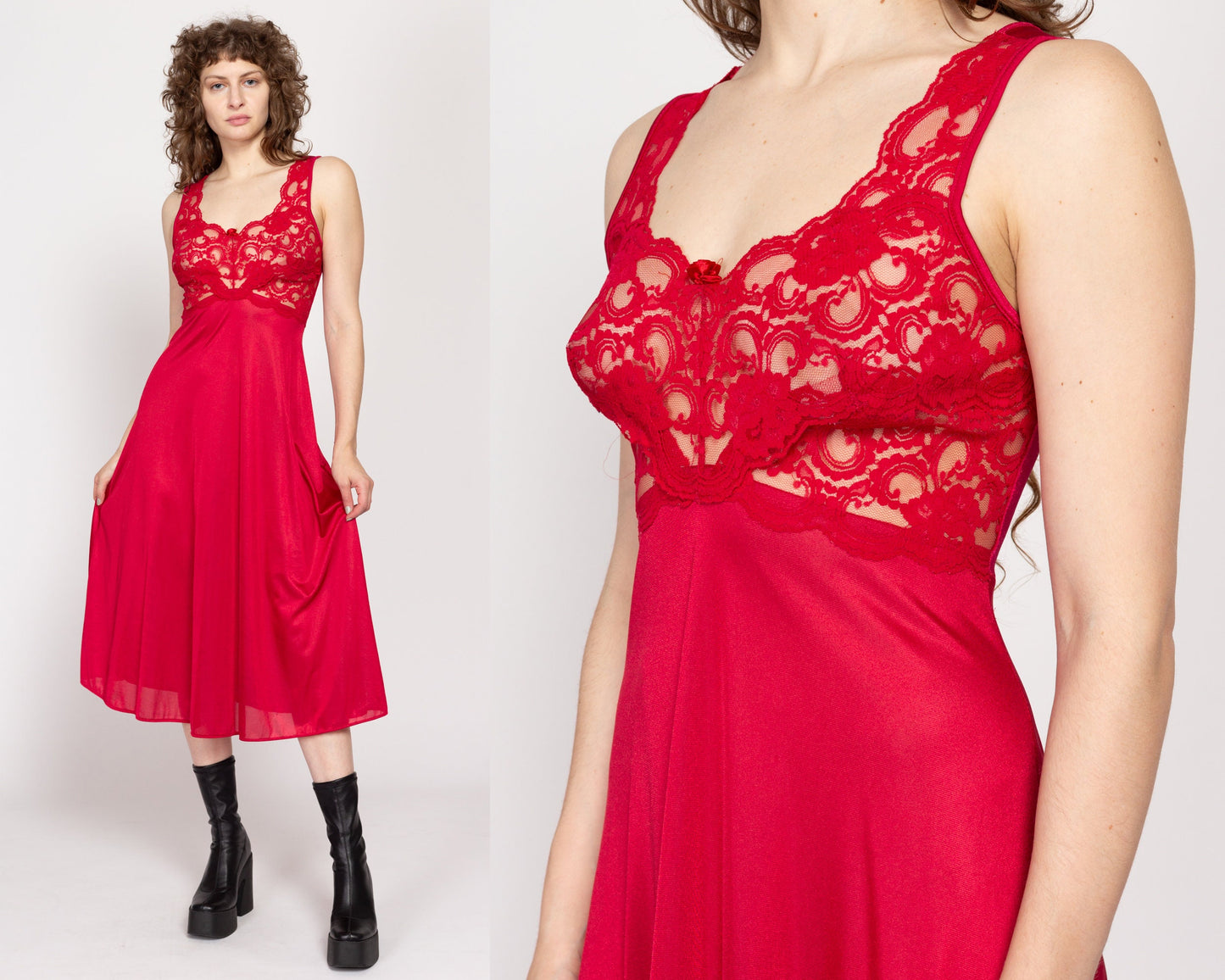 Small 90s Red Lace Bust Midi Slip Dress | Vintage Sheer Nightgown