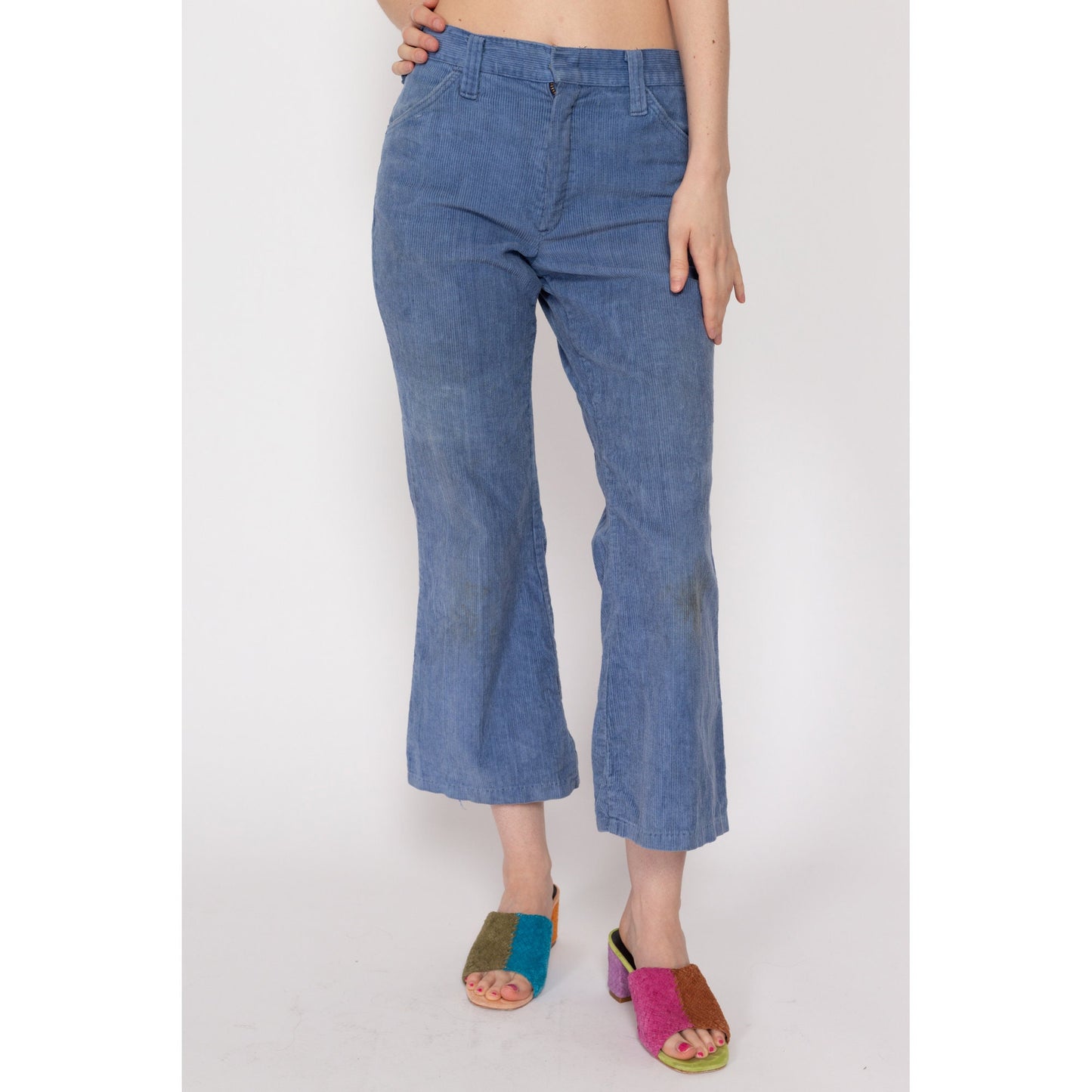 Petite XS 70s Blue Corduroy Kick Flare Pants | Retro Mid Rise Flared Trousers