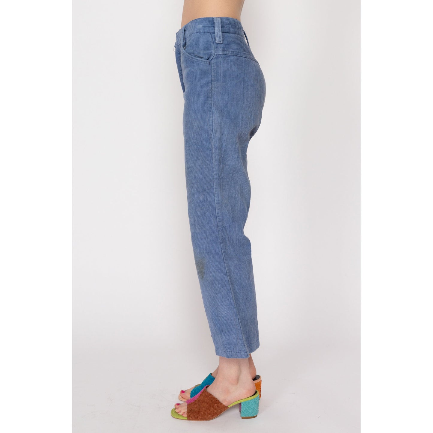Petite XS 70s Blue Corduroy Kick Flare Pants | Retro Mid Rise Flared Trousers