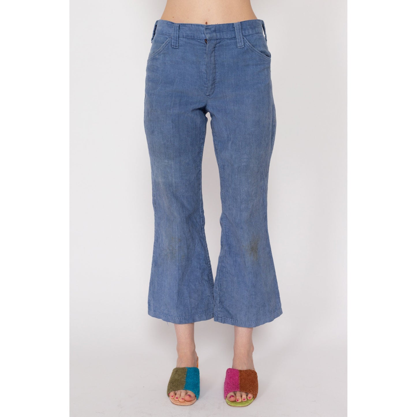 Petite XS 70s Blue Corduroy Kick Flare Pants | Retro Mid Rise Flared Trousers